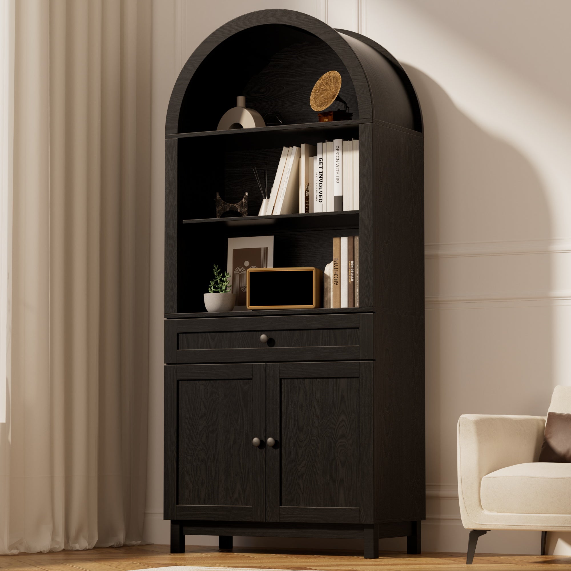 Arched Pantry Cabinet, 71" Kitchen Pantry Cabinet with Smooth Gliding Drawers and Adjustable Shelf for Living Room, Dining Room