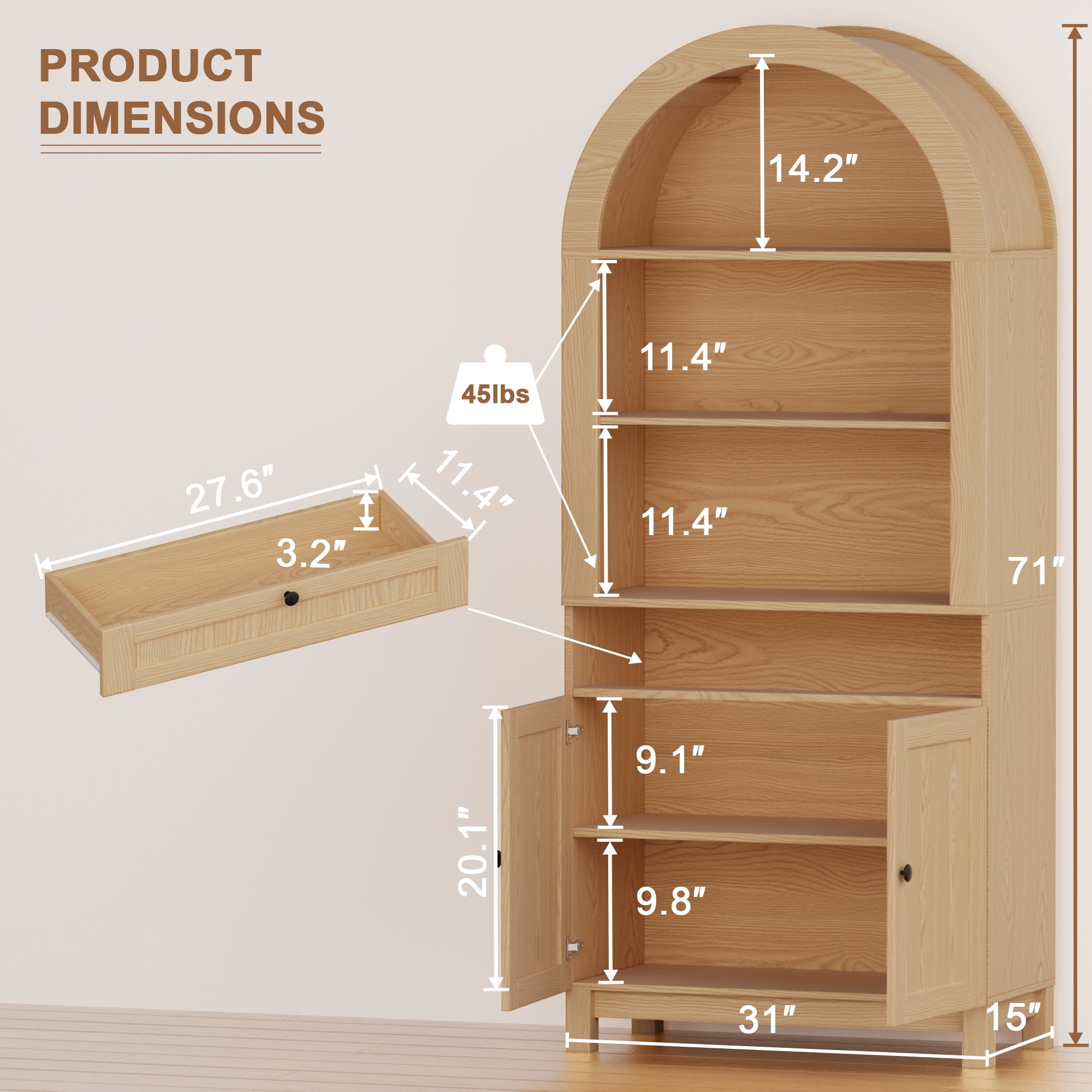 Arched Pantry Cabinet, 71" Kitchen Pantry Cabinet with Smooth Gliding Drawers and Adjustable Shelf for Living Room, Dining Room