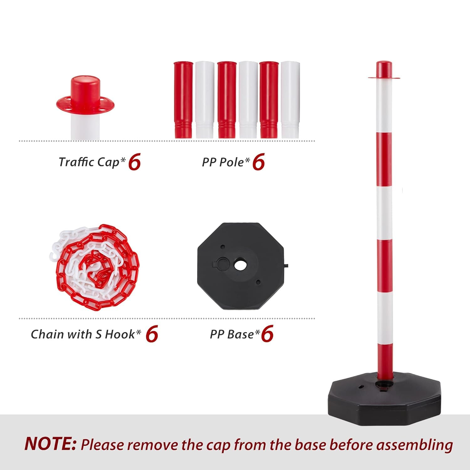 6 Pack Traffic Barricade Delineator Post with Fillable Base, Crowd Control Barriers, Cones for Parking Lot, Adjustable Stanchions with 5.4FT Plastic Chain Outdoor and Indoor