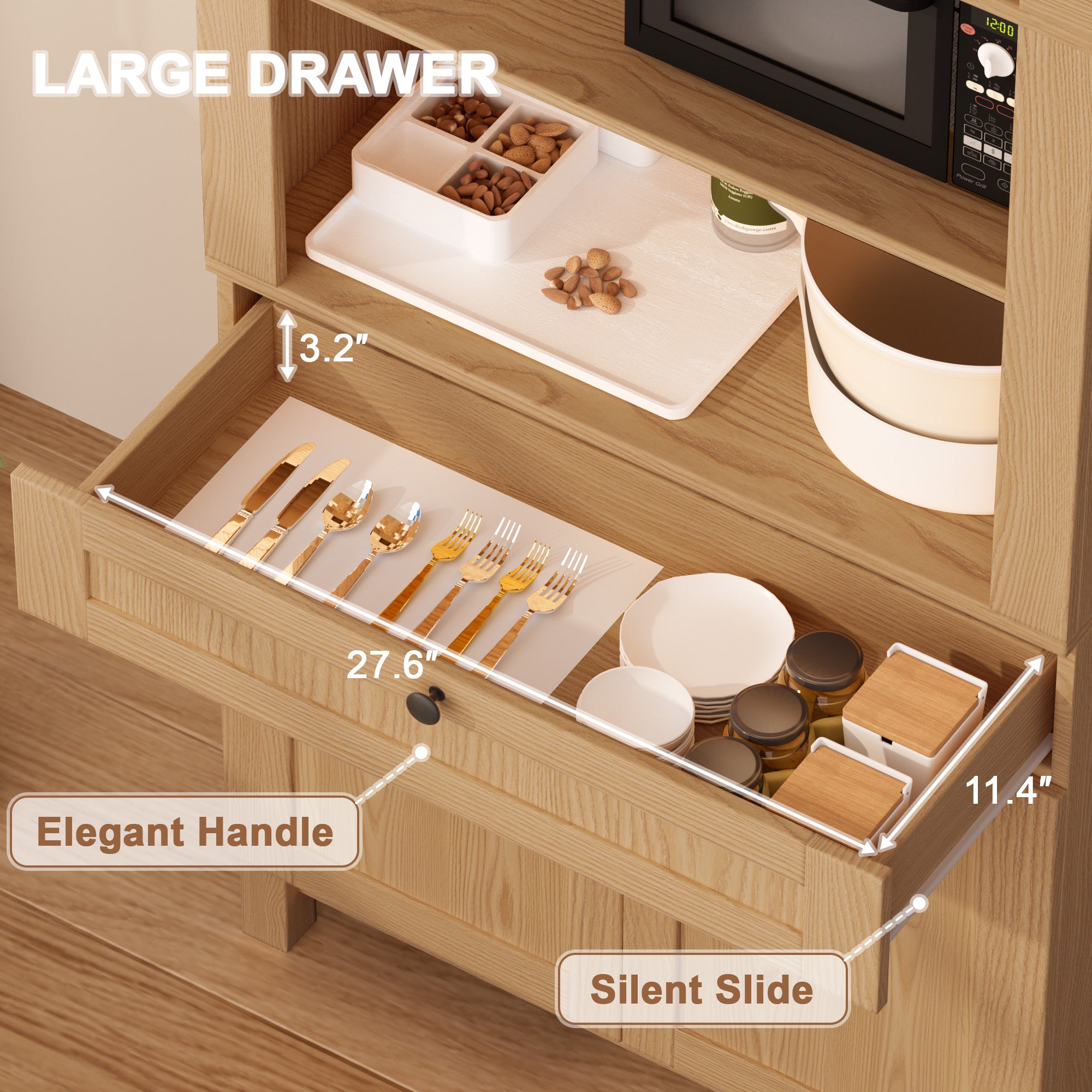 Arched Pantry Cabinet, 71" Kitchen Pantry Cabinet with Smooth Gliding Drawers and Adjustable Shelf for Living Room, Dining Room