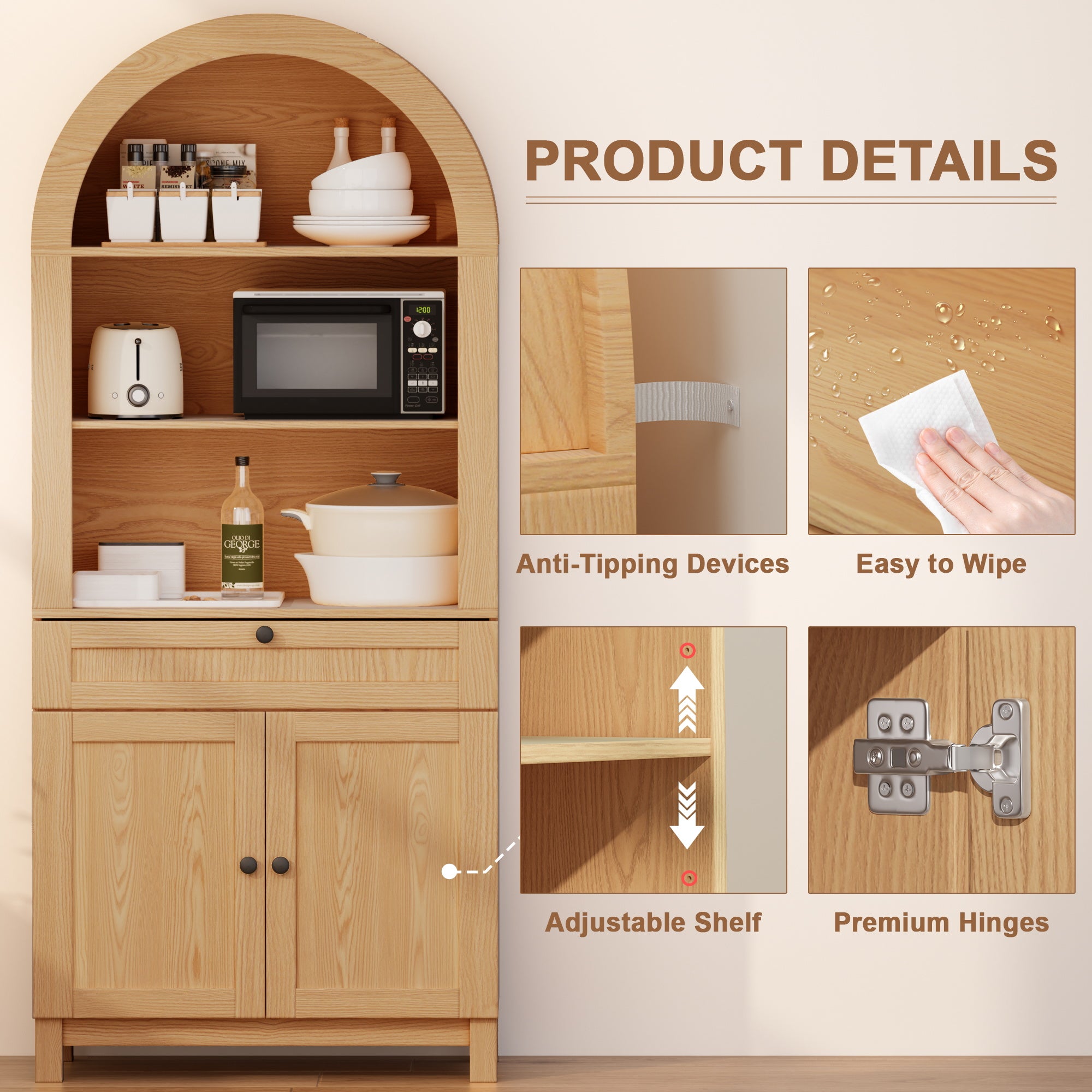 Arched Pantry Cabinet, 71" Kitchen Pantry Cabinet with Smooth Gliding Drawers and Adjustable Shelf for Living Room, Dining Room