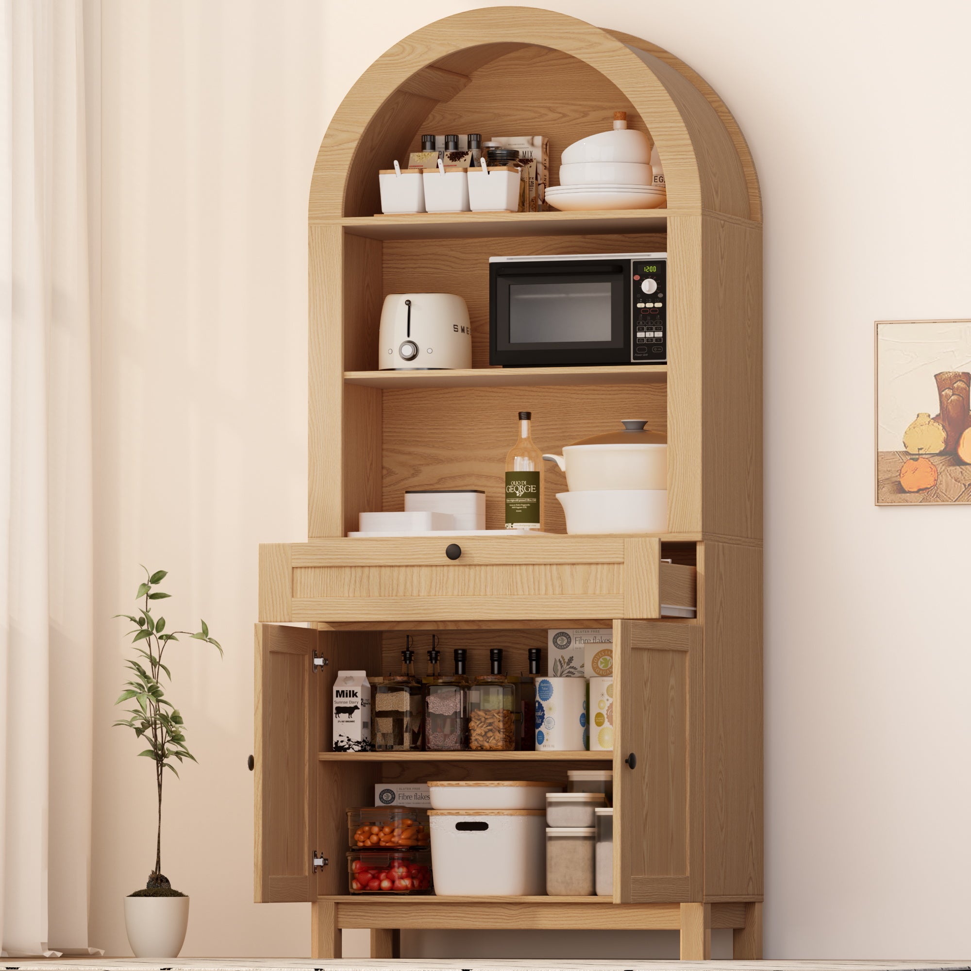 Arched Pantry Cabinet, 71" Kitchen Pantry Cabinet with Smooth Gliding Drawers and Adjustable Shelf for Living Room, Dining Room