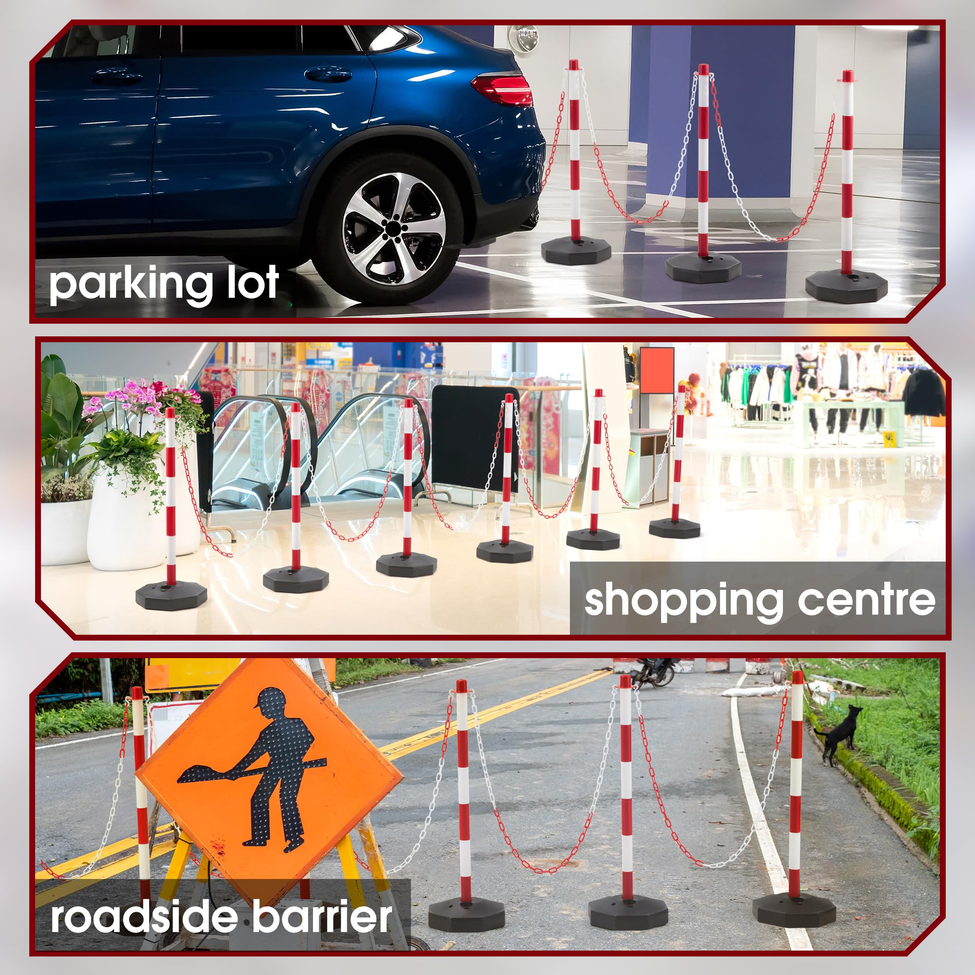 6 Pack Traffic Barricade Delineator Post with Fillable Base, Crowd Control Barriers, Cones for Parking Lot, Adjustable Stanchions with 5.4FT Plastic Chain Outdoor and Indoor