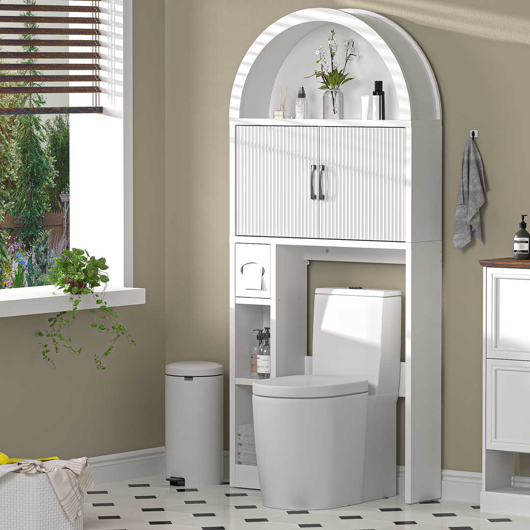 Over The Toilet Storage Cabinet with Wood Grain Doors and Arc Design