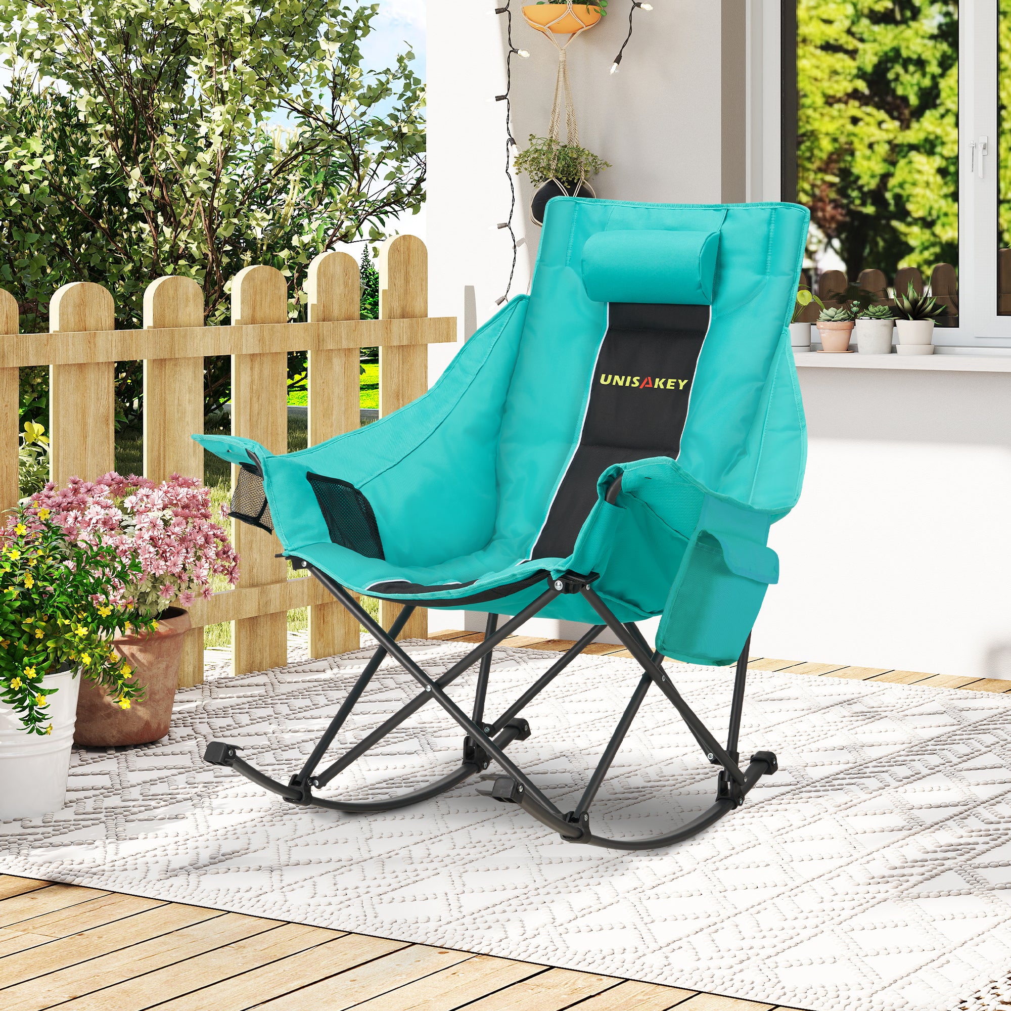 Oversized Rocking Camping Chair with Headrest & Cup Holder - 400lbs Capacity, 600D Oxford Fabric