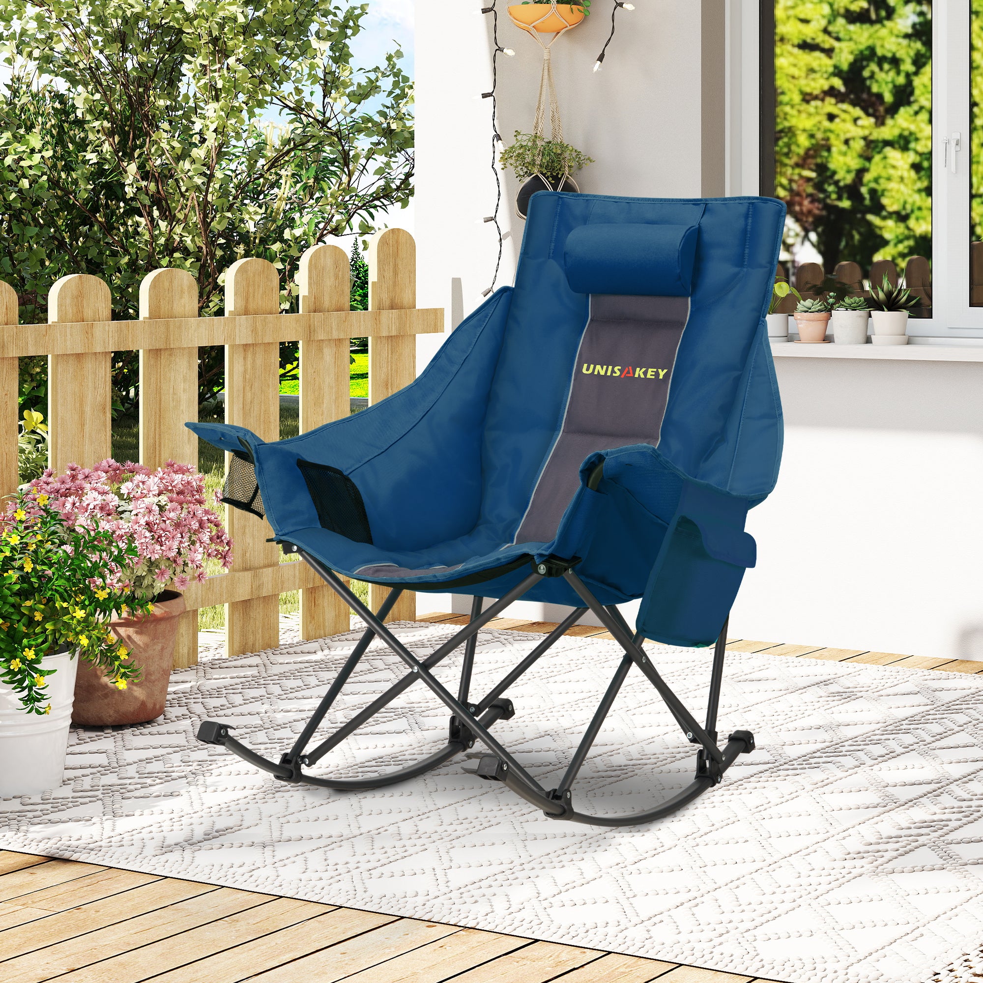 Oversized Rocking Camping Chair with Headrest & Cup Holder - 400lbs Capacity, 600D Oxford Fabric