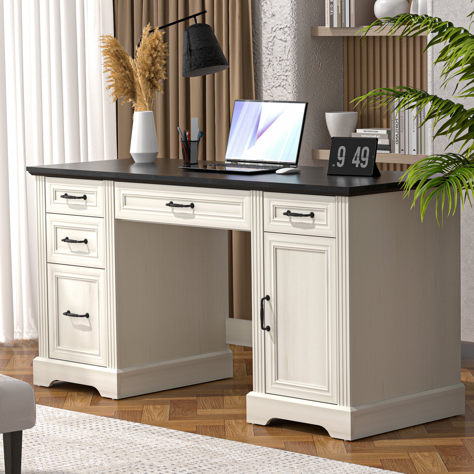 58" Wooden Executive Desk with Drawers and Cabinet