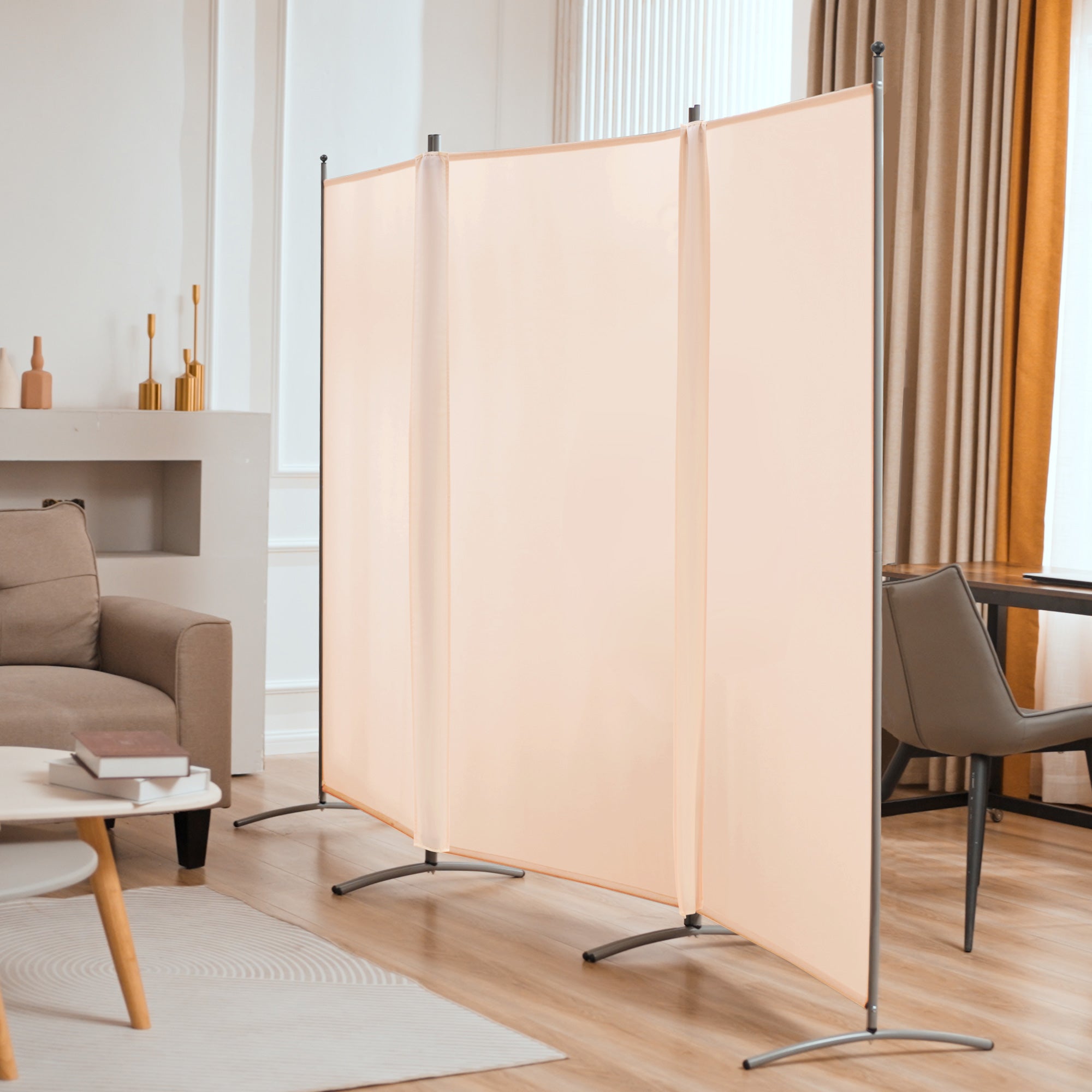3 Panel Folding Room Divider 102" L x 71" H, Beige