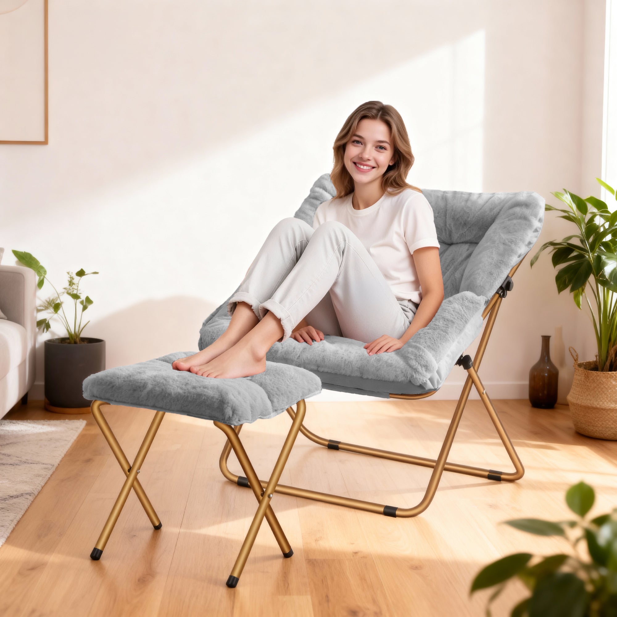 Comfy Saucer Chair, Foldable Living Room Chairs, Soft Faux Fur Lounge Chair for Bedroom, Reading Chairs for Adults,Teens, X-Large