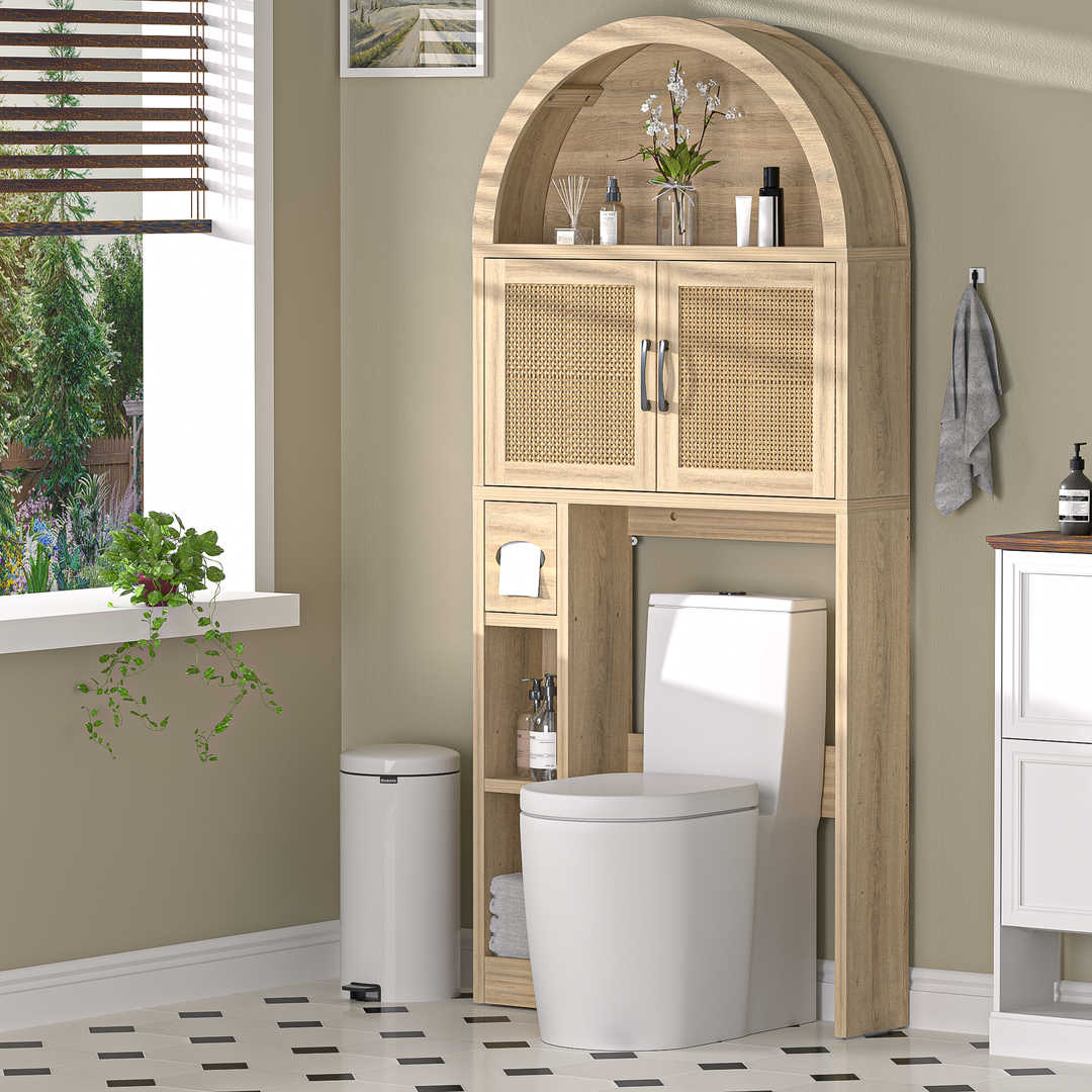 Over The Toilet Storage Cabinet with Wood Grain Doors and Arc Design