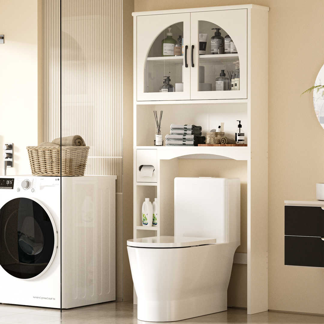 Over The Toilet Storage Cabinet with Wood Grain Doors and Arc Design