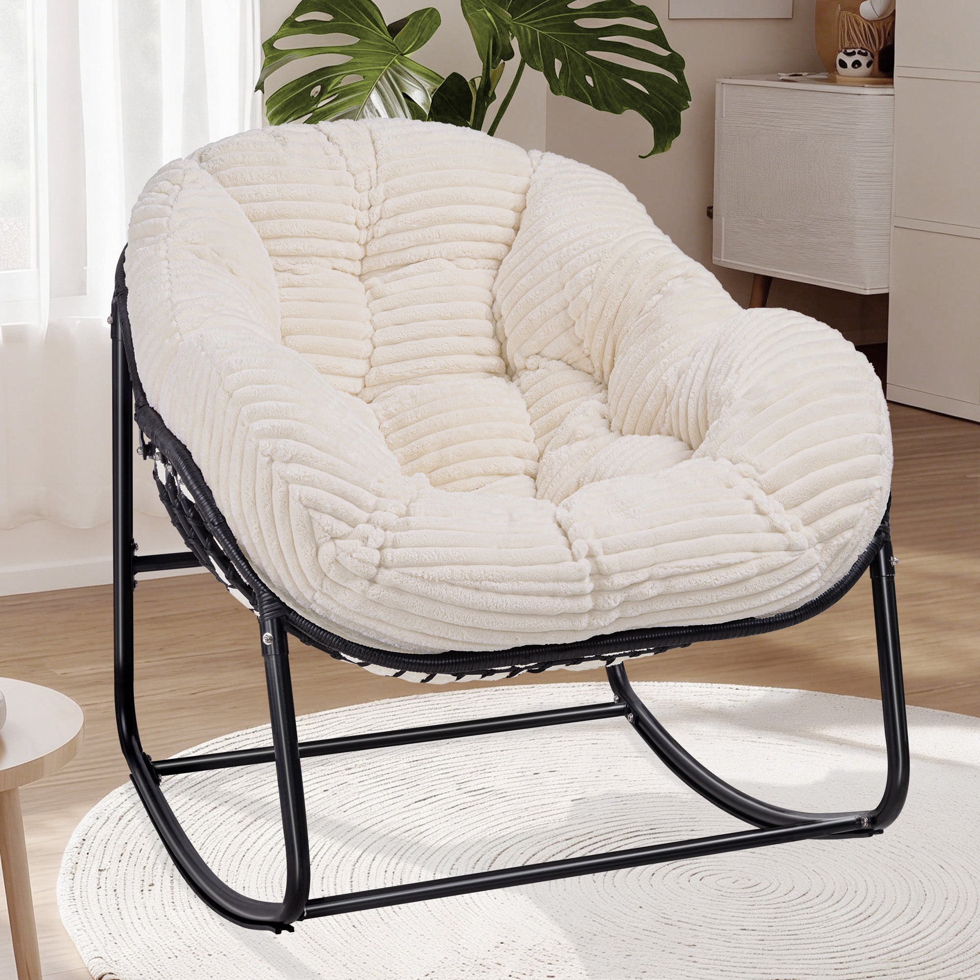 Oversized Indoor/Outdoor Egg Rocking Chair with Thick Corduroy Cushion, Straps & Modern Wicker Design
