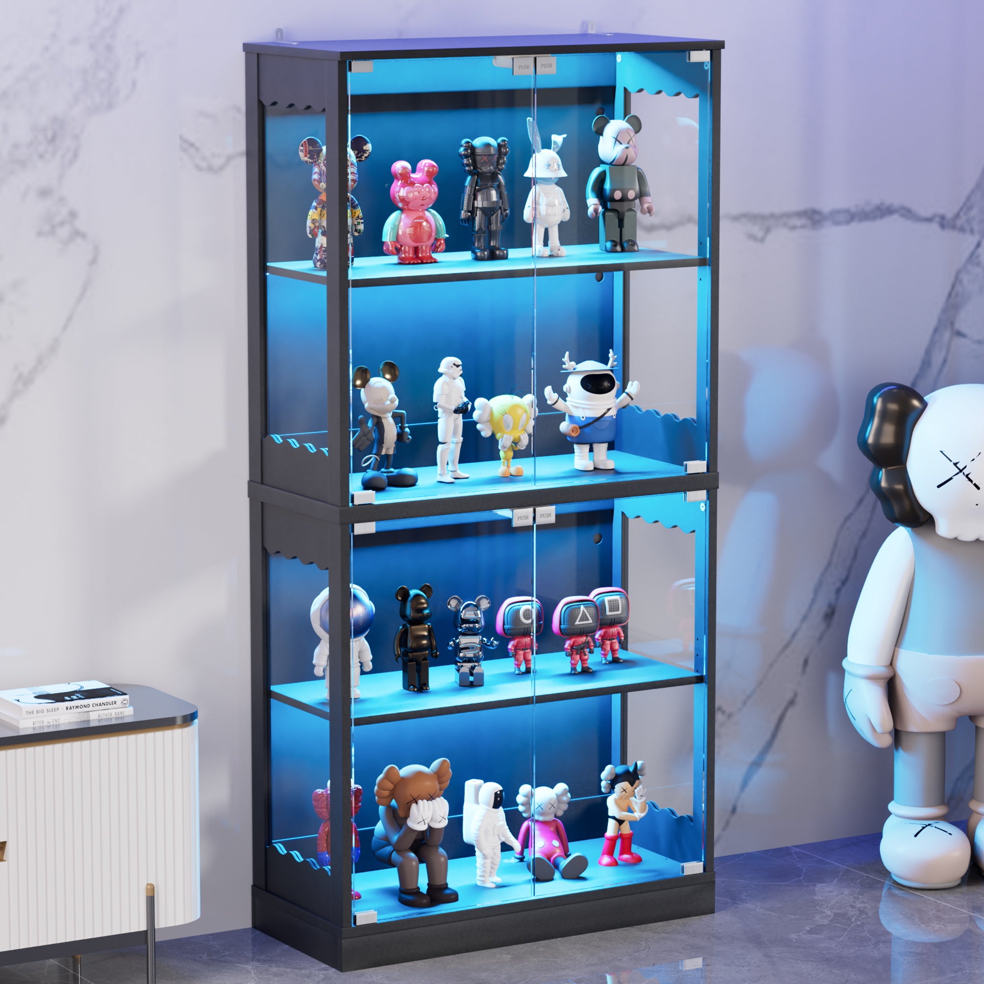 Display Cabinet with Glass Doors, 63" 4-Tier Wood Display Case with RGB Lights for Collectibles, Tall Curio Cabinet Anti-Tipping with Adjustable Shelves for Living Room, Study