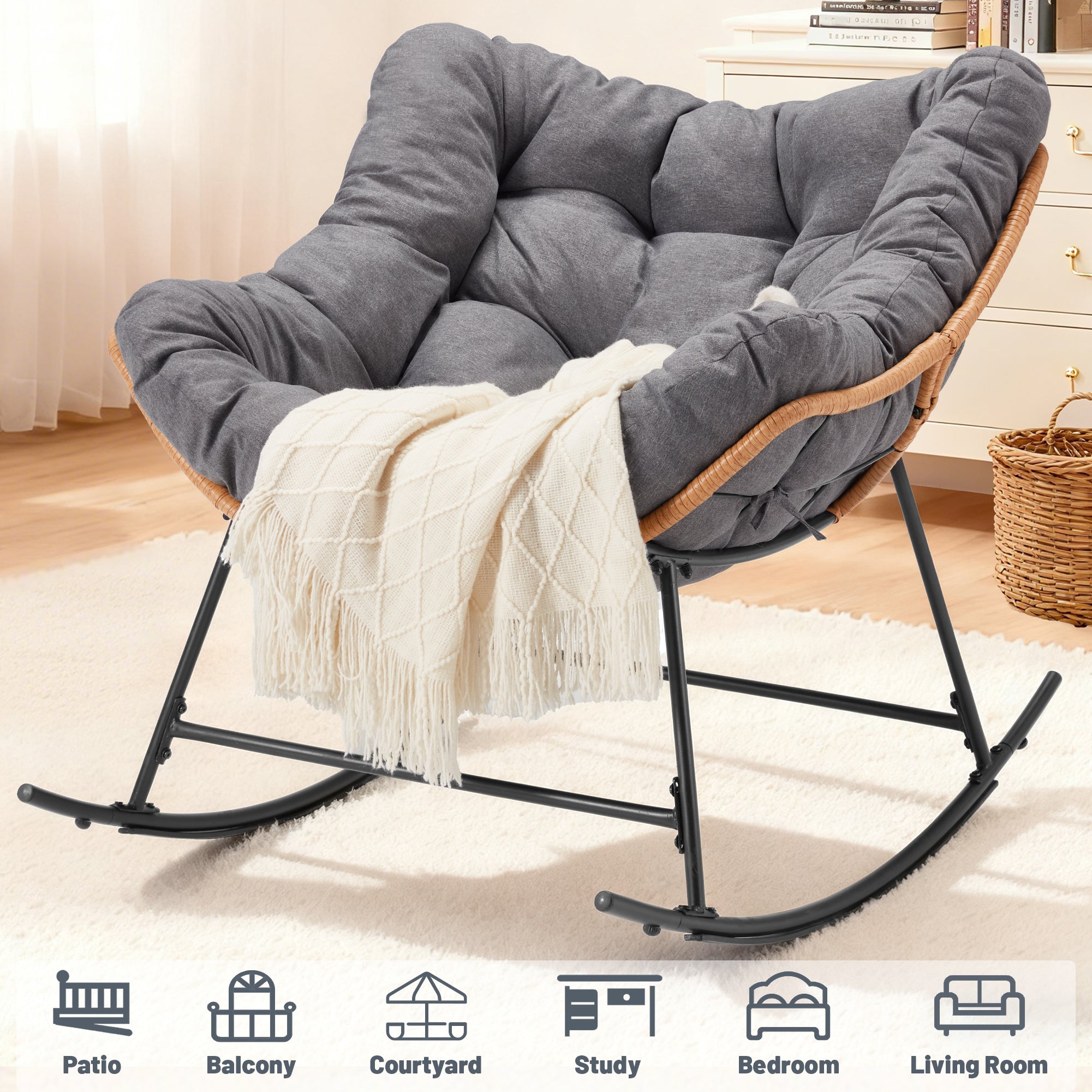 Oversized Indoor Rocking Chair with Thick Cushion, Cozy Egg-Shaped Wicker for Bedroom, Living room, Patio, Courtyard