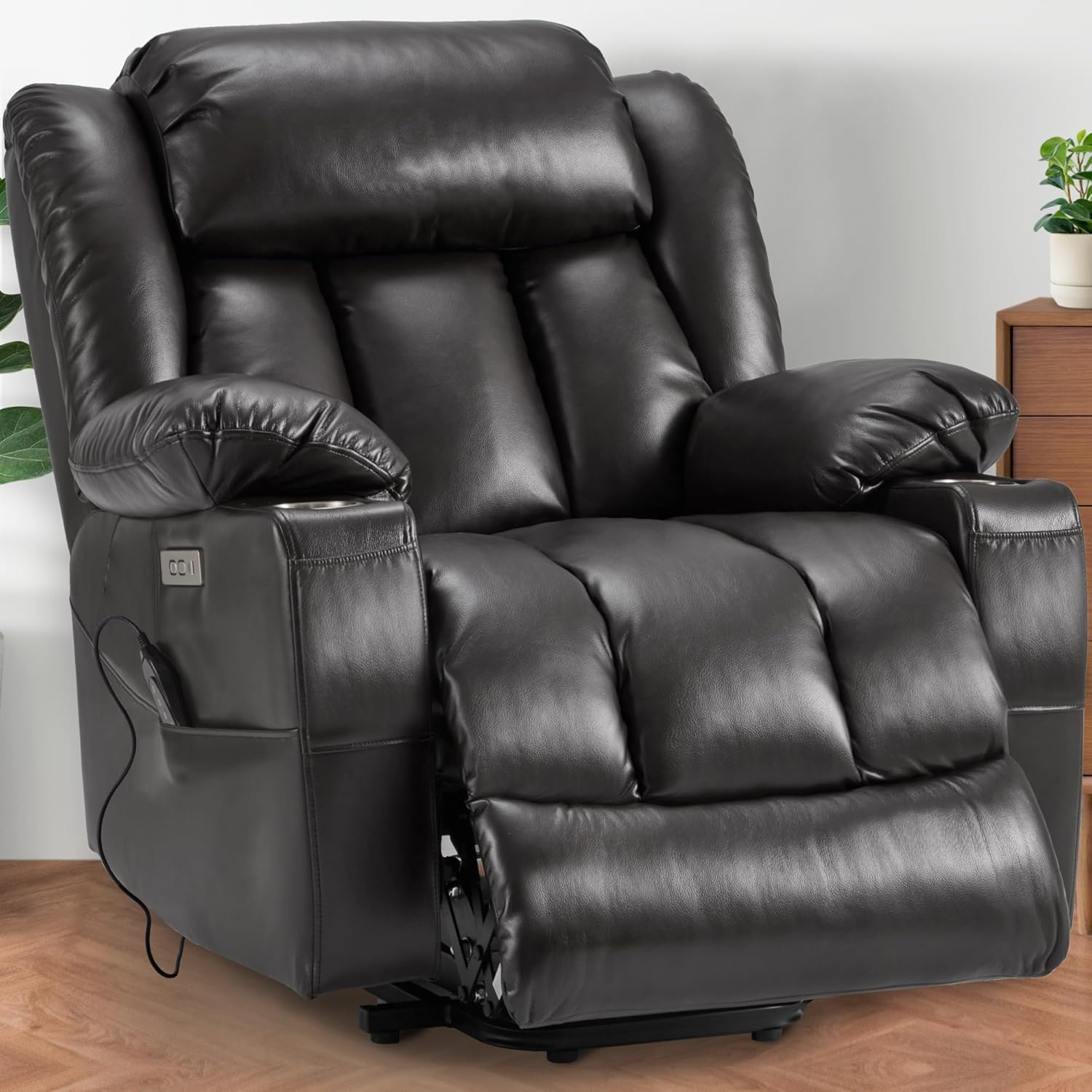 Power Lift Recliner Leather Chair Sofa with Massage & Heat, Lazy Boy Chair with Cup Holders, USB & Type-C Ports, Remote Control
