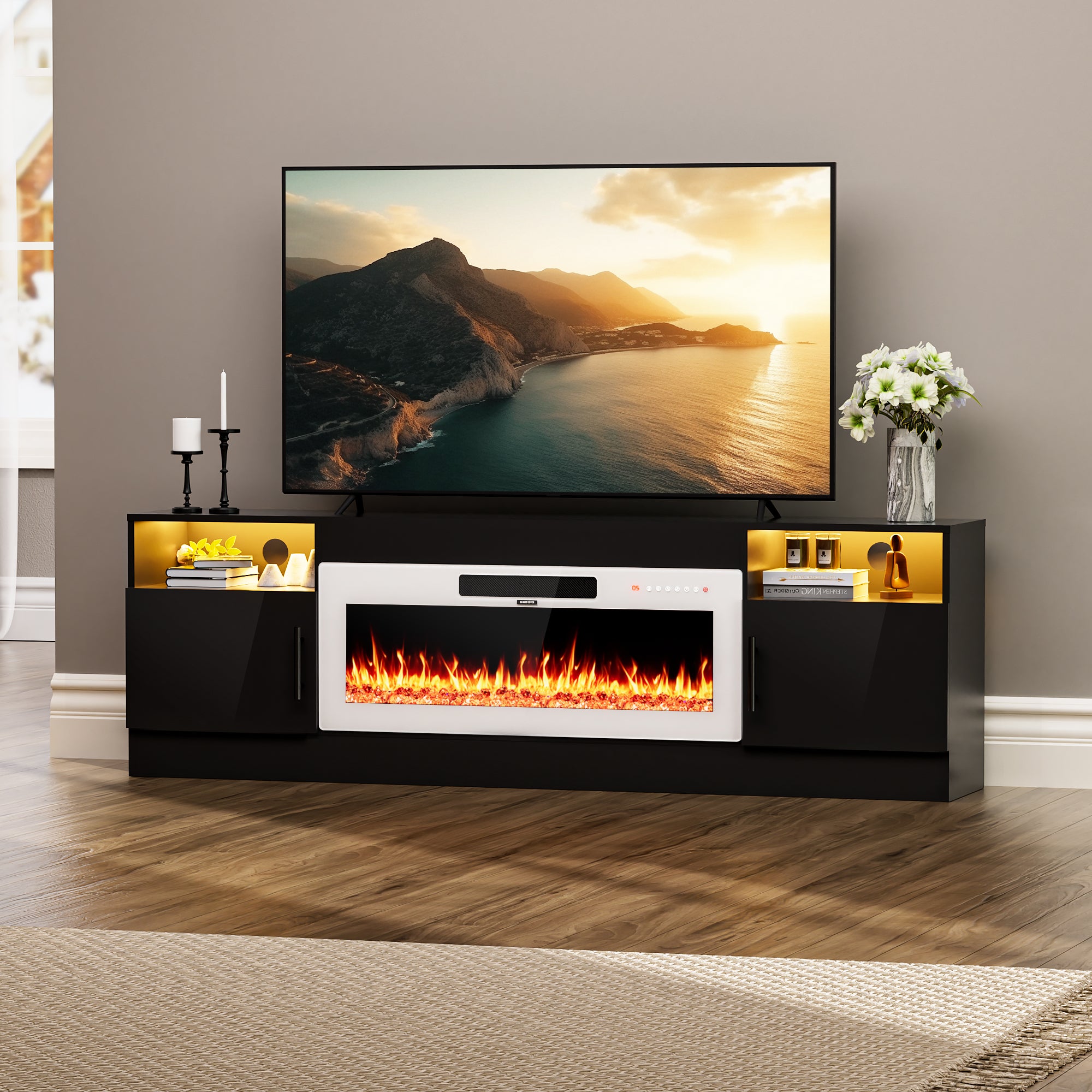 80” TV Stand with 36" Electric Fireplace for TVs Up to 90 inch, LED Light Entertainment Center with High Gloss Door
