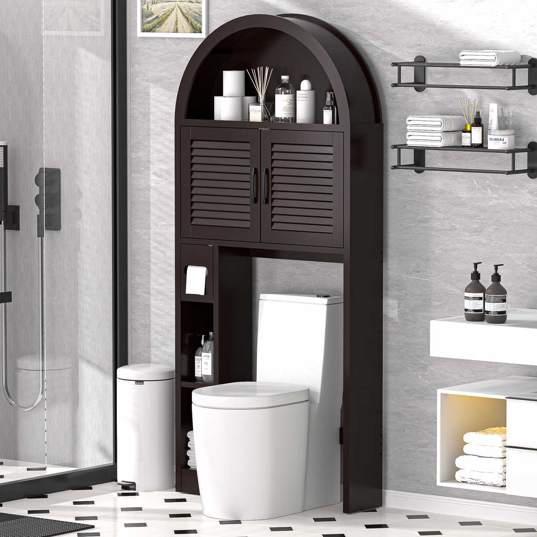 Over The Toilet Storage Cabinet with Wood Grain Doors and Arc Design