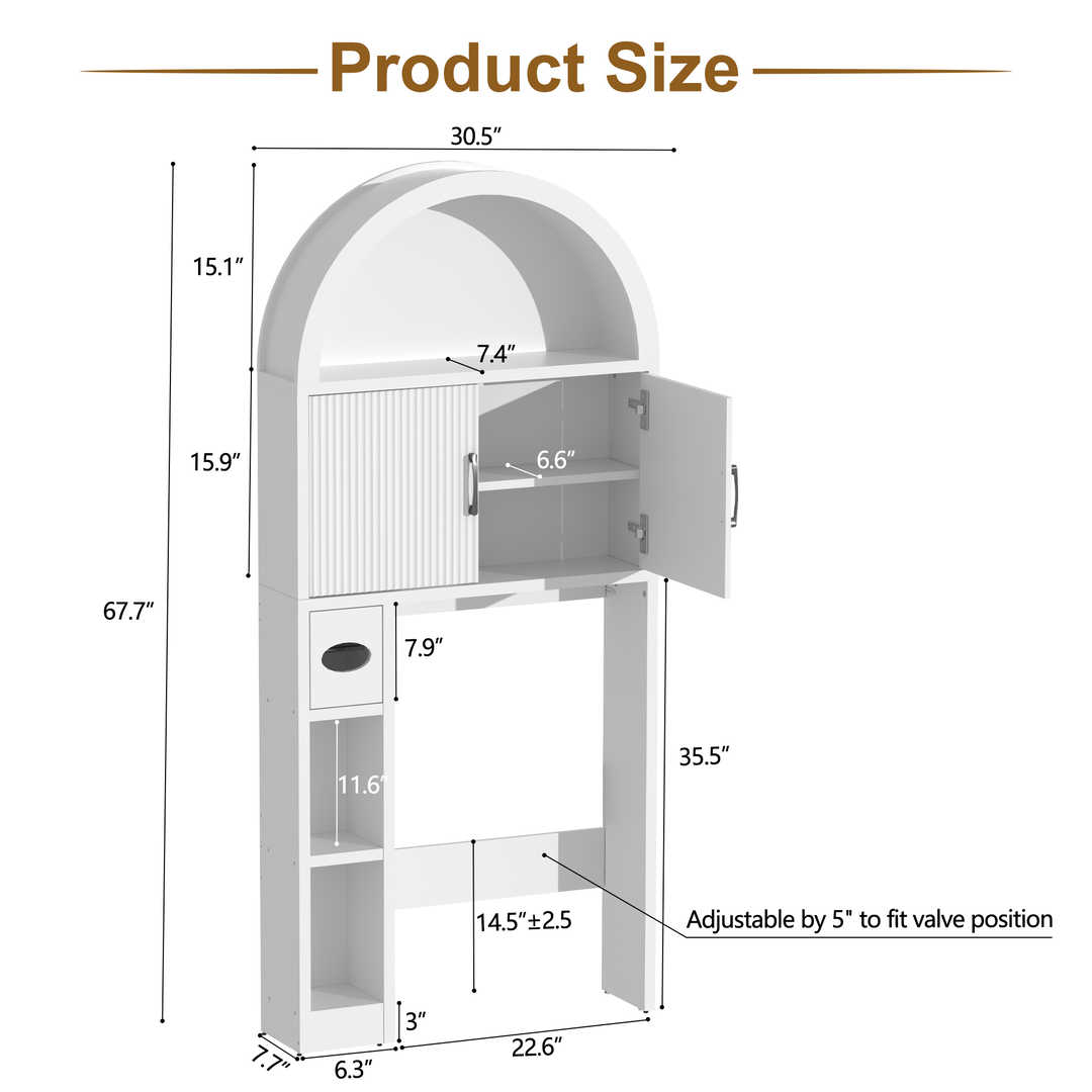 Over The Toilet Storage Cabinet with Wood Grain Doors and Arc Design