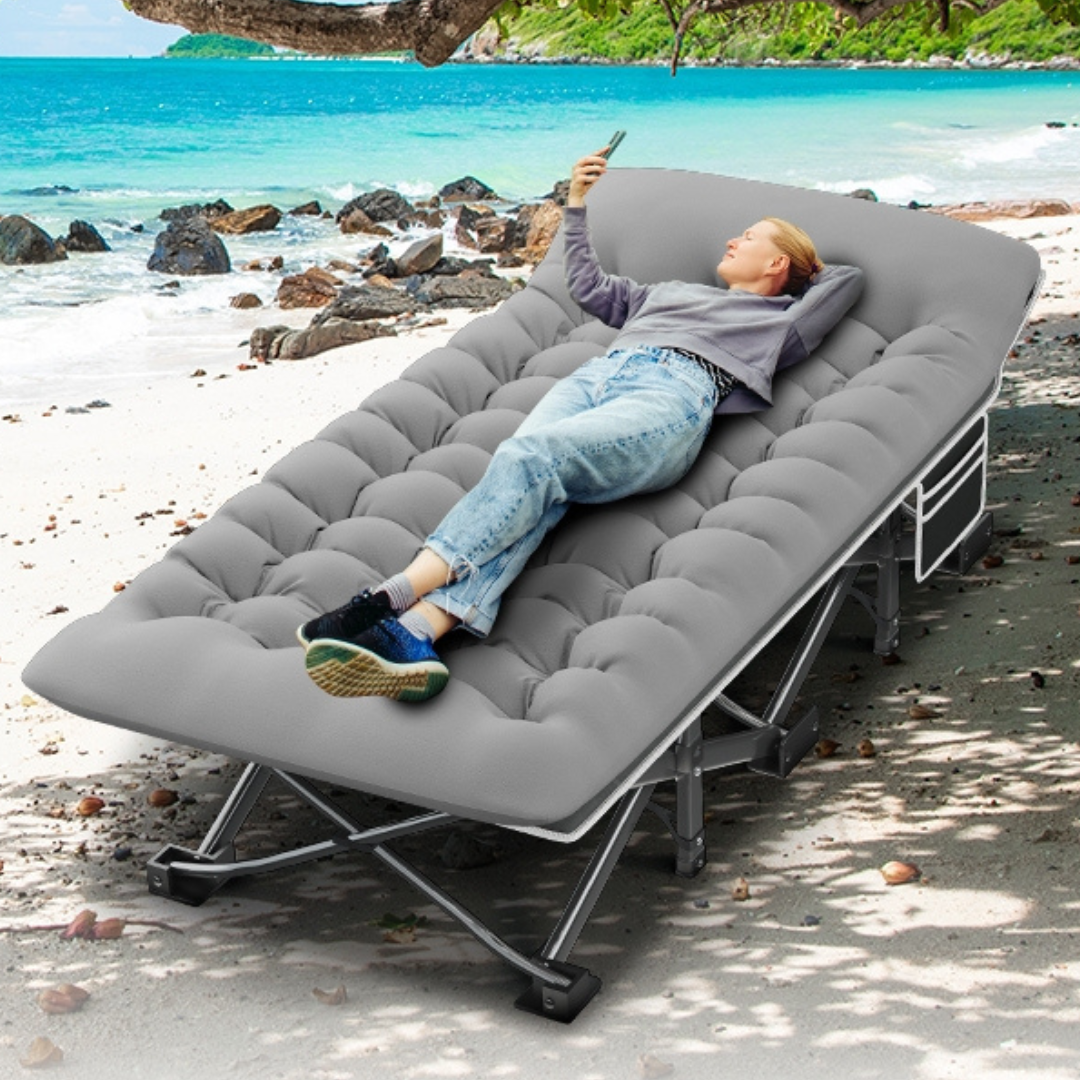 Portable Camping Cot with Thick Mattress, Carry Bag, Side Pocket, Grey