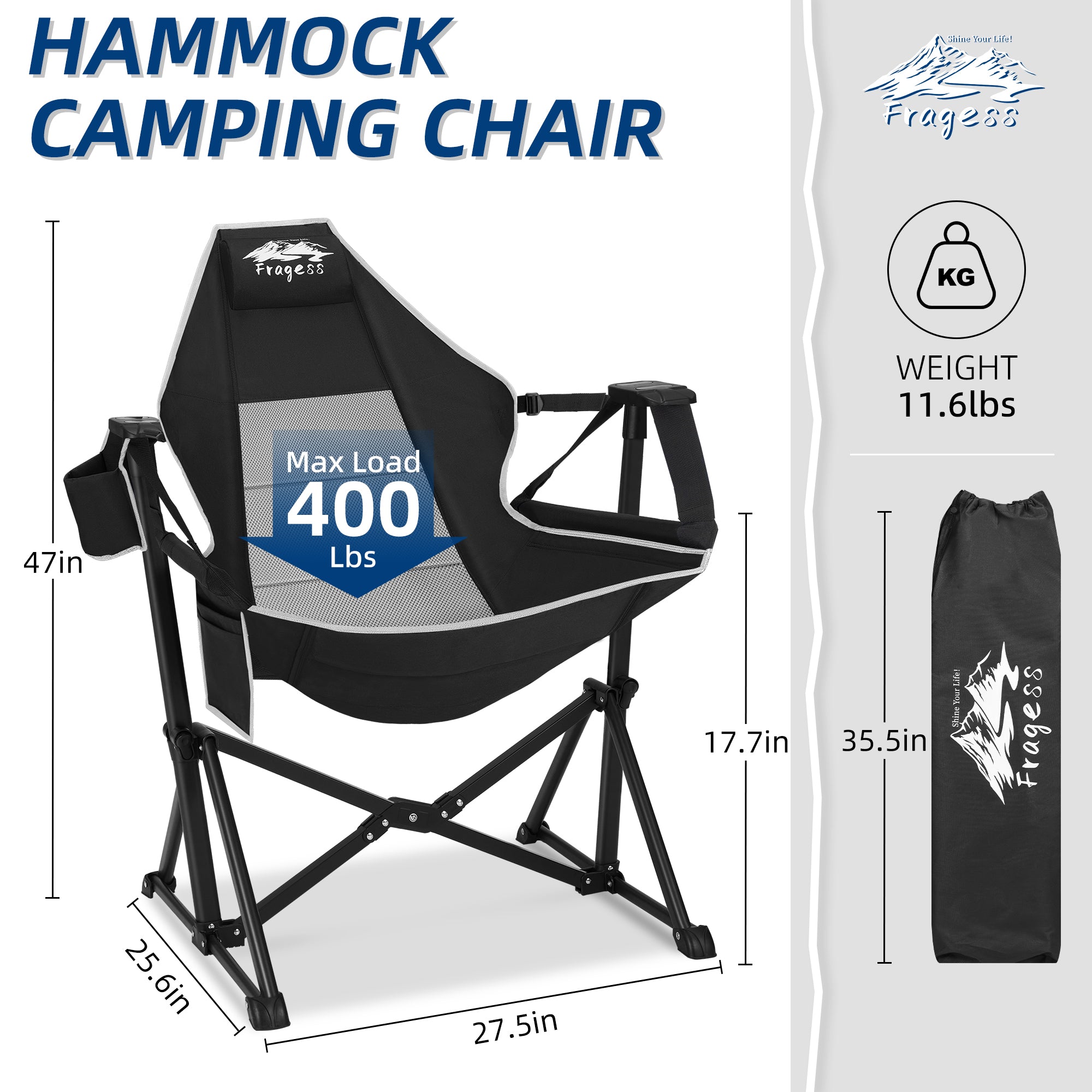 Portable Hammock Camping Chair with Adjustable Back Supports 330lbs