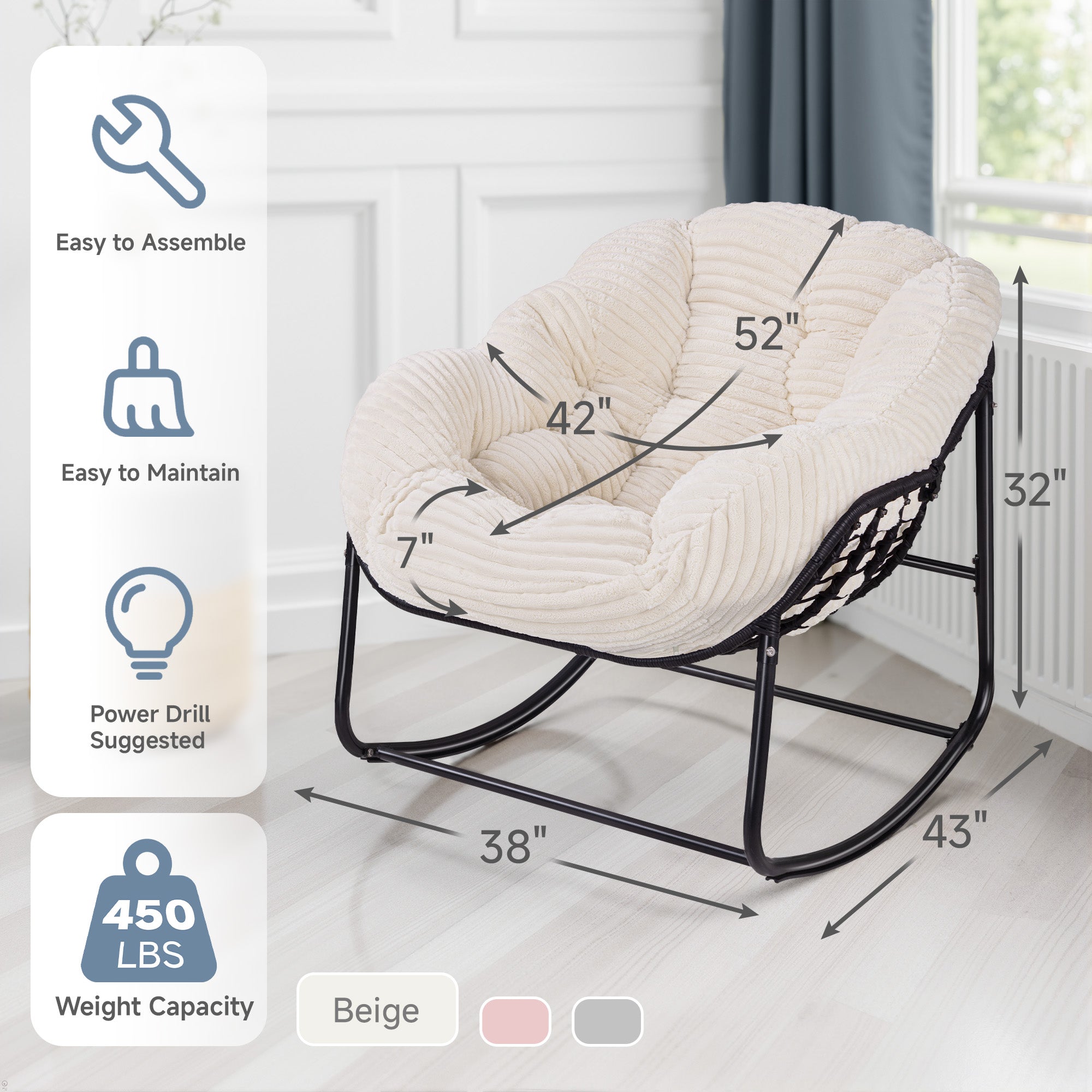 Oversized Indoor/Outdoor Egg Rocking Chair with Thick Corduroy Cushion, Straps & Modern Wicker Design