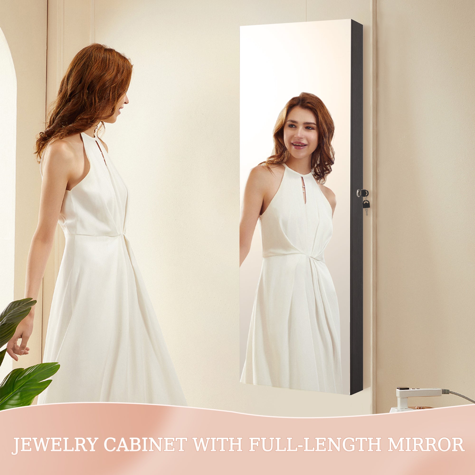 Mirror Jewelry Cabinet,Lockable Wall or Door Mounted Jewelry Armoire Organizer 14.4"x3.15"x 43.1"