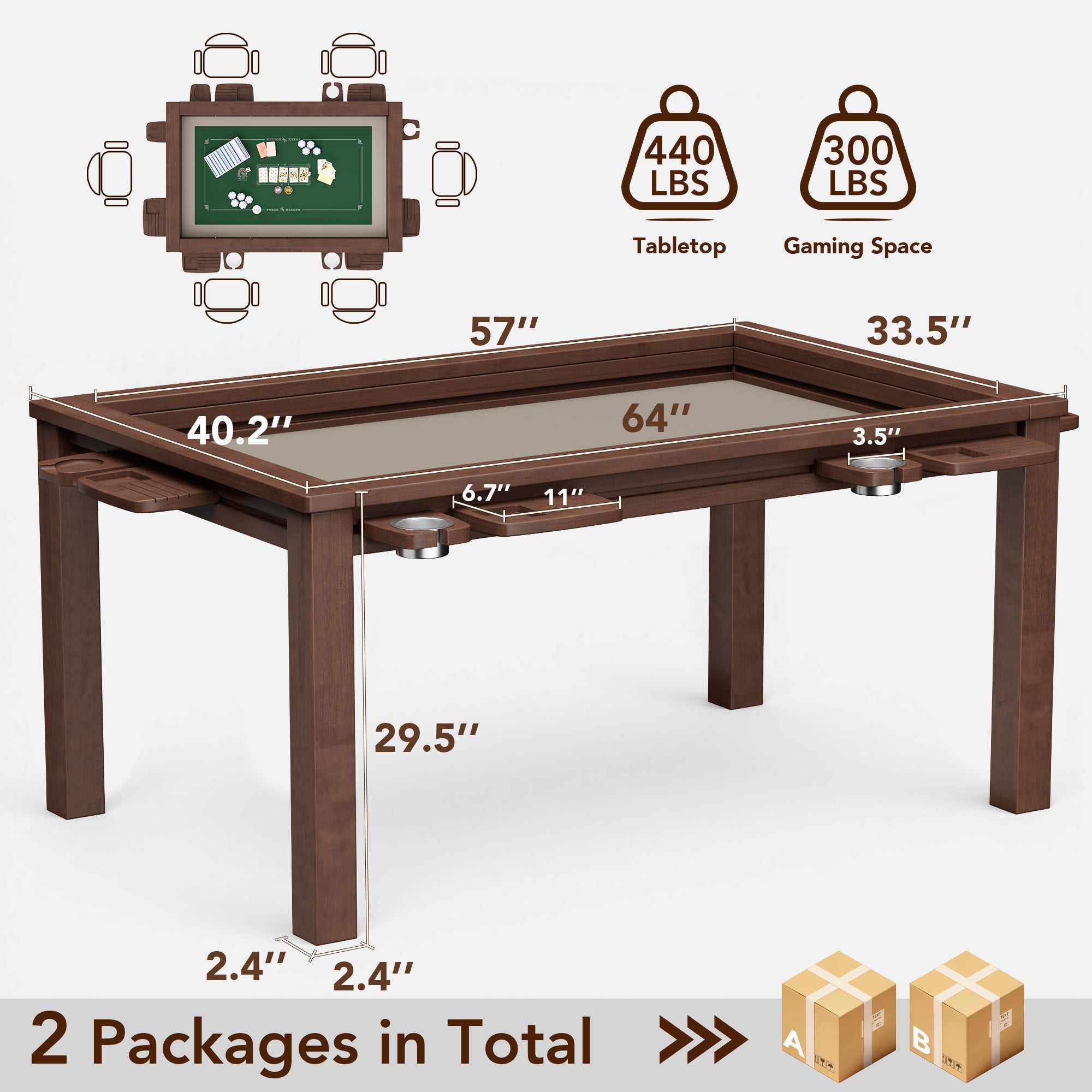 Convertible Board Game Table for 4-6 Players, Spacious Gaming Space with Table Top, Non-Slip Play Mat, Cup Holder & Game Tray, Dining Table for DND, Poker Card, Family Dinner