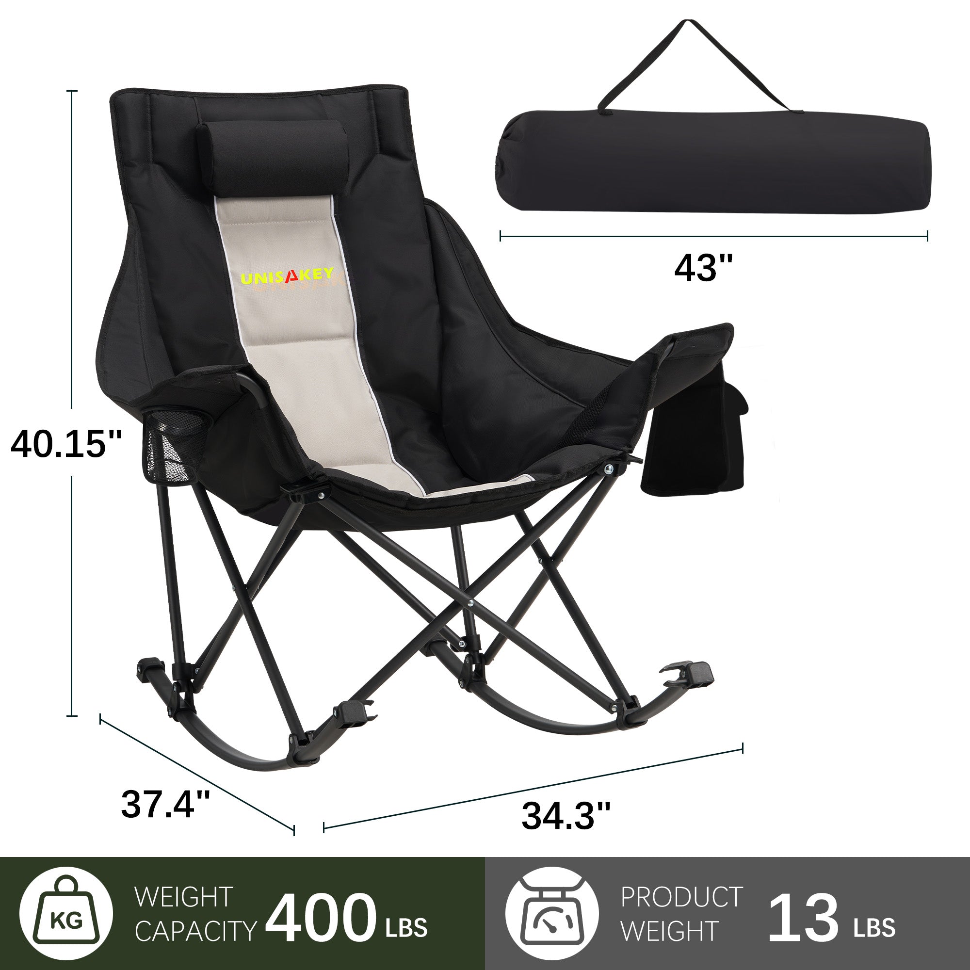 Oversized Rocking Camping Chair with Headrest & Cup Holder - 400lbs Capacity, 600D Oxford Fabric