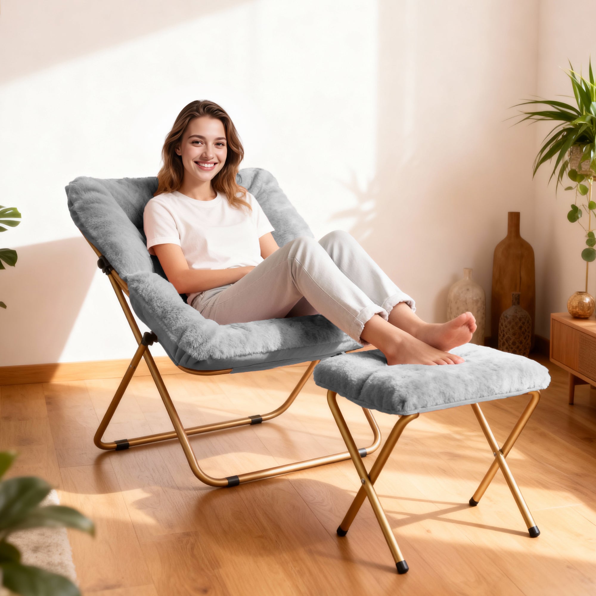 Comfy Saucer Chair, Foldable Living Room Chairs, Soft Faux Fur Lounge Chair for Bedroom, Reading Chairs for Adults,Teens, X-Large