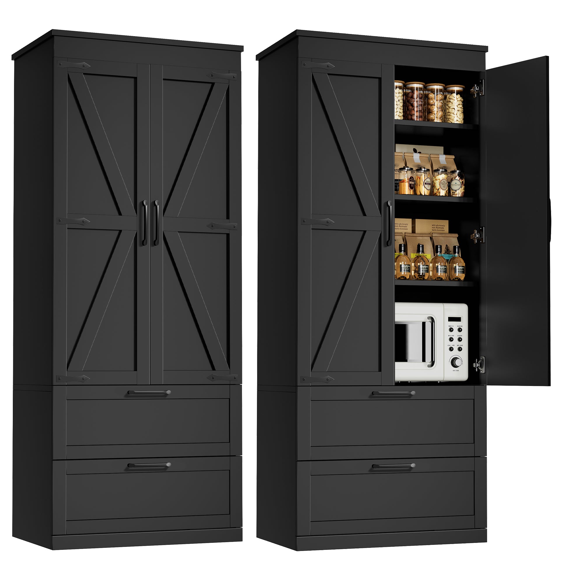 71" H Kitchen Pantry Cabinet, 4-Tier Farmhouse Storage Cabinet with Barn Doors, 2 Drawers, Adjustable Shelf, Cupboard for Kitchen, Living Room