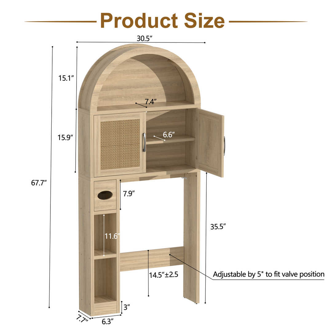 Over The Toilet Storage Cabinet with Wood Grain Doors and Arc Design