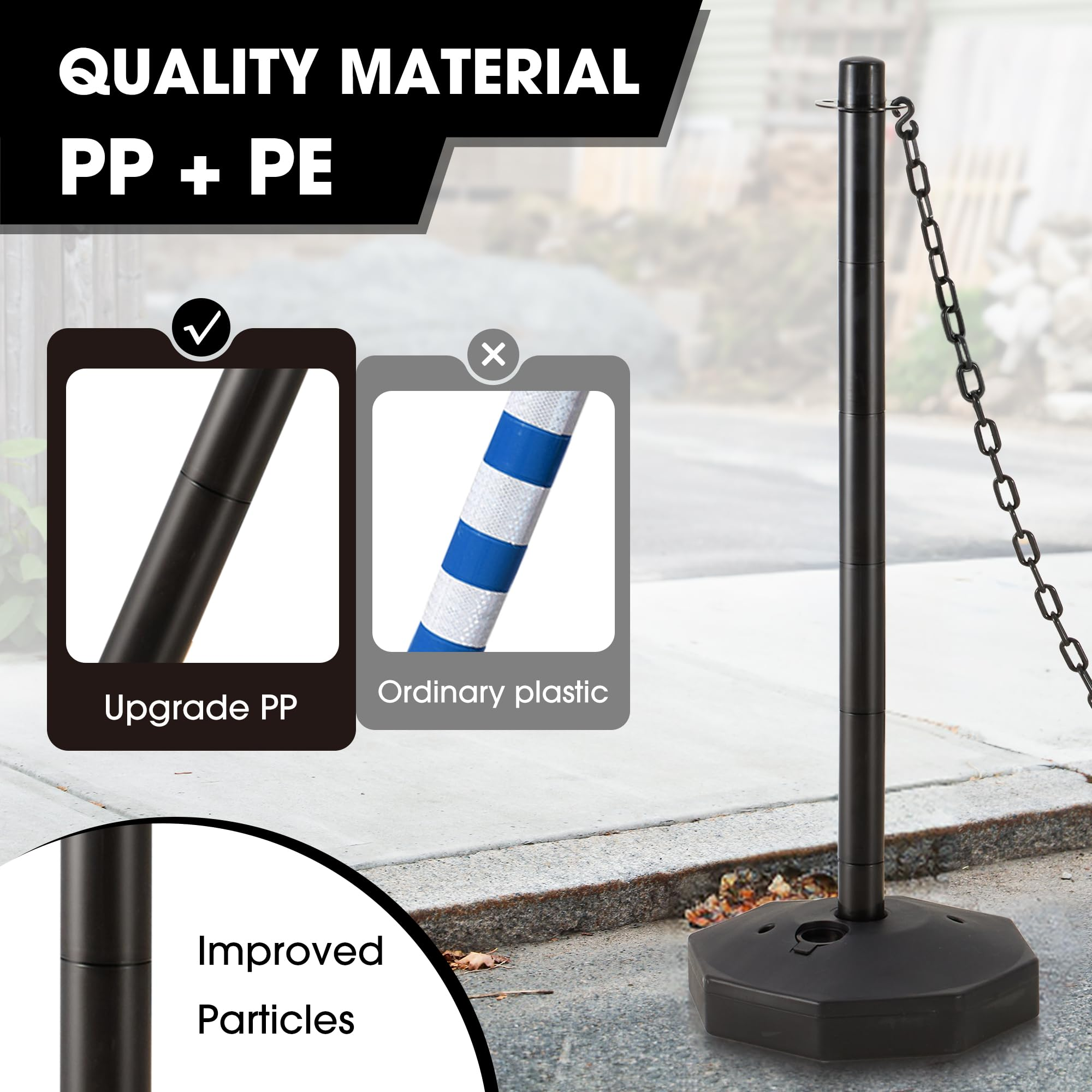 6 Pack Traffic Barricade Delineator Post with Fillable Base, Crowd Control Barriers, Cones for Parking Lot, Adjustable Stanchions with 5.4FT Plastic Chain Outdoor and Indoor