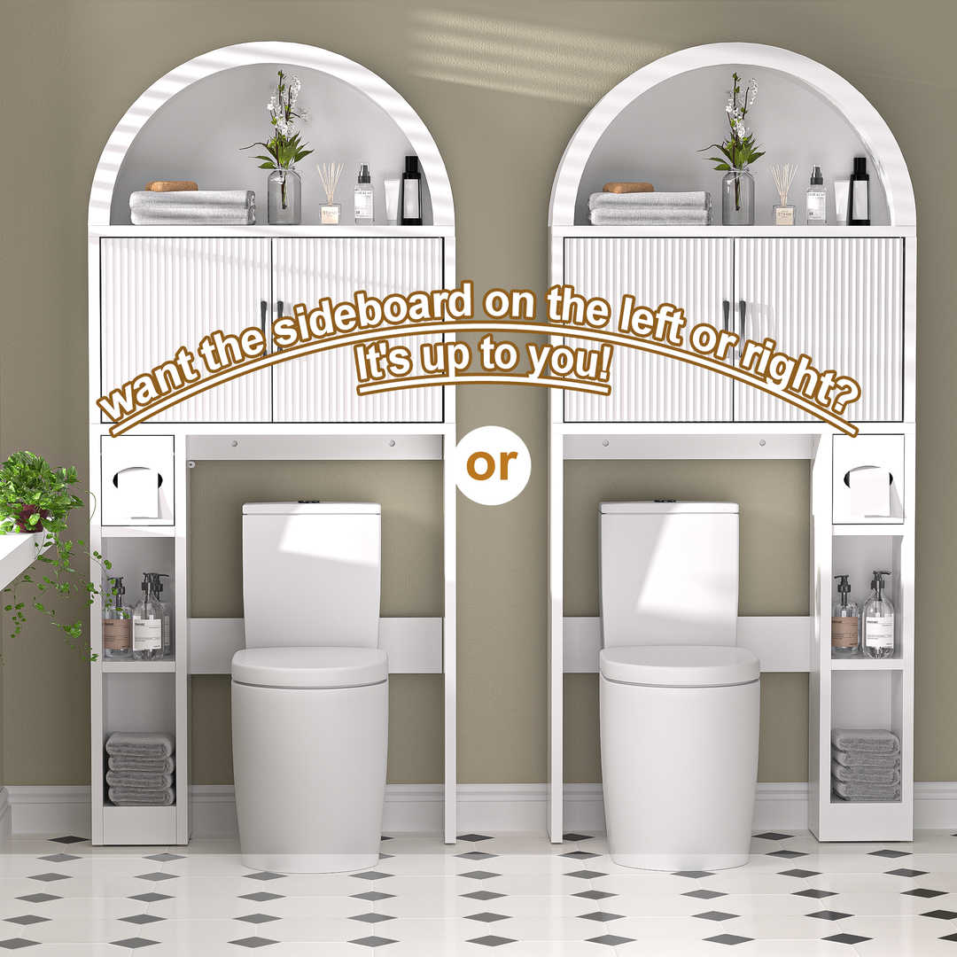 Over The Toilet Storage Cabinet with Wood Grain Doors and Arc Design