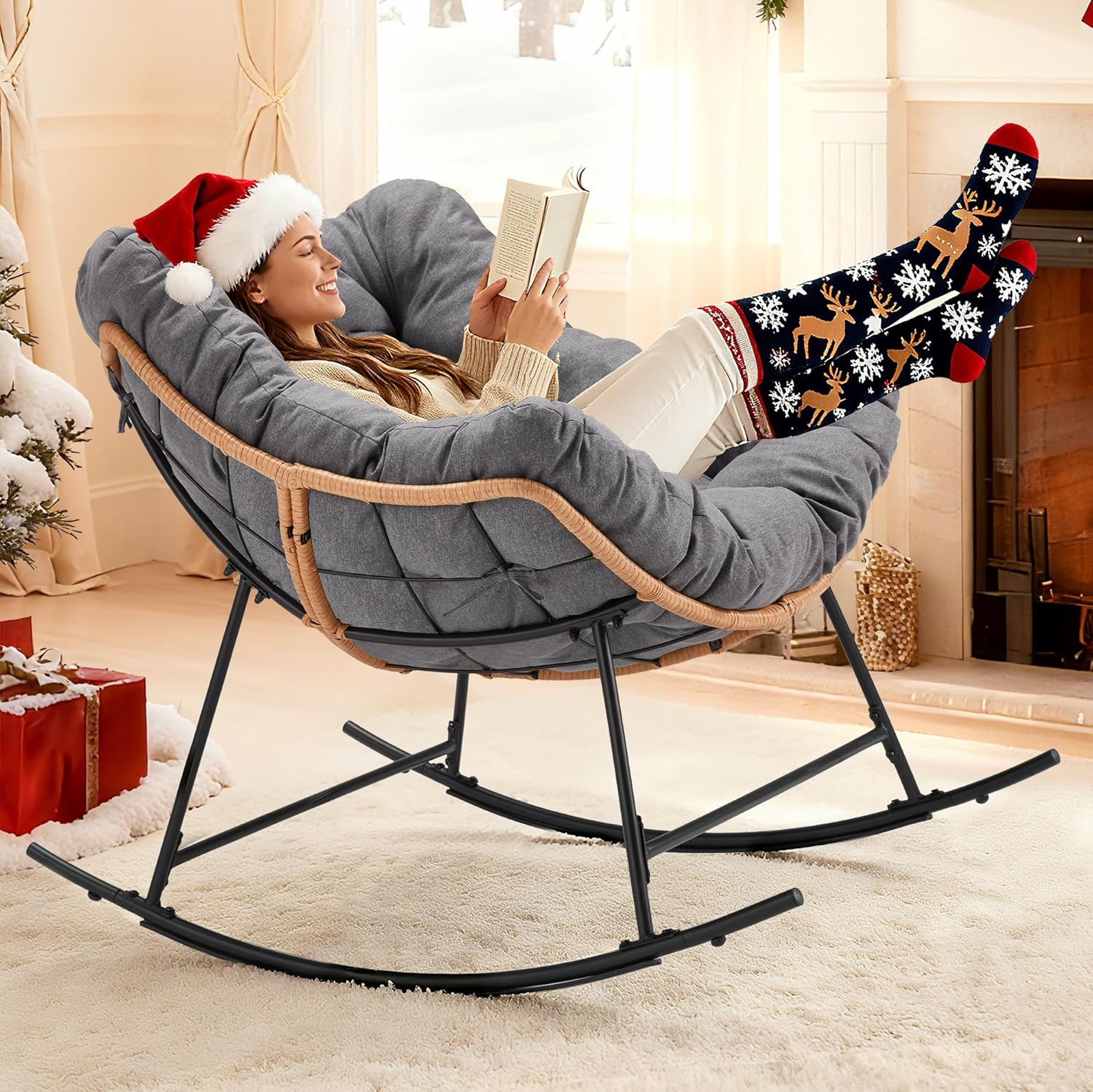 Oversized Indoor Rocking Chair with Thick Cushion, Cozy Egg-Shaped Wicker for Bedroom, Living room, Patio, Courtyard