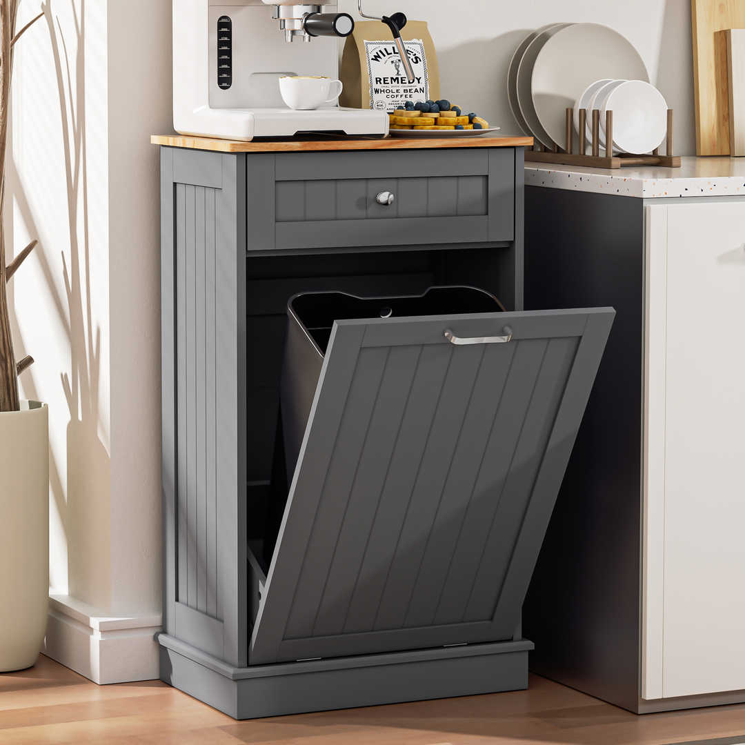 Single Tilt Out Trash Cabinet for 13 Gallon Waste Bin, Free Standing Kitchen Trash Can Cabinet with Drawers