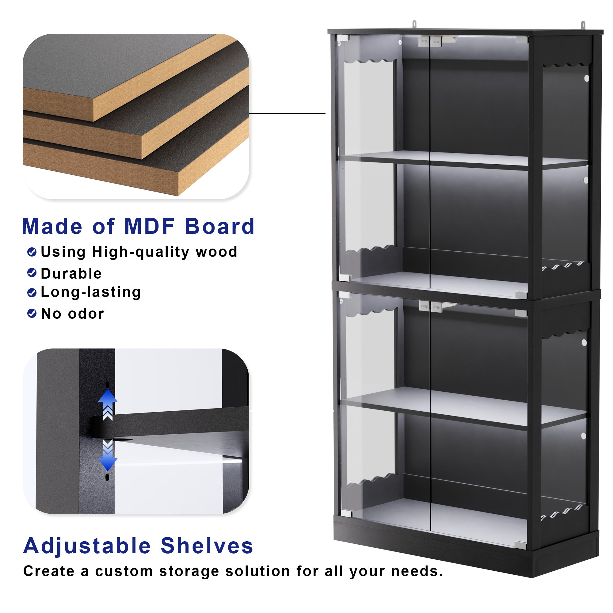 Display Cabinet with Glass Doors, 63" 4-Tier Wood Display Case with RGB Lights for Collectibles, Tall Curio Cabinet Anti-Tipping with Adjustable Shelves for Living Room, Study