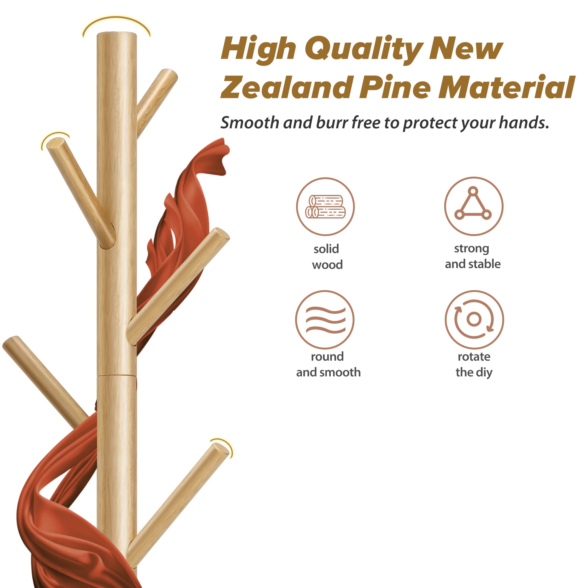 Durable Wooden Coat Rack, Freestanding Coat Rack, 8 Hooks & 3 Adjustable Heights