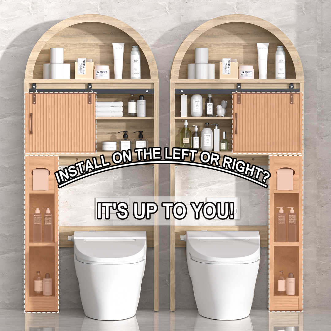 Over The Toilet Storage Cabinet with Wood Grain Doors and Arc Design