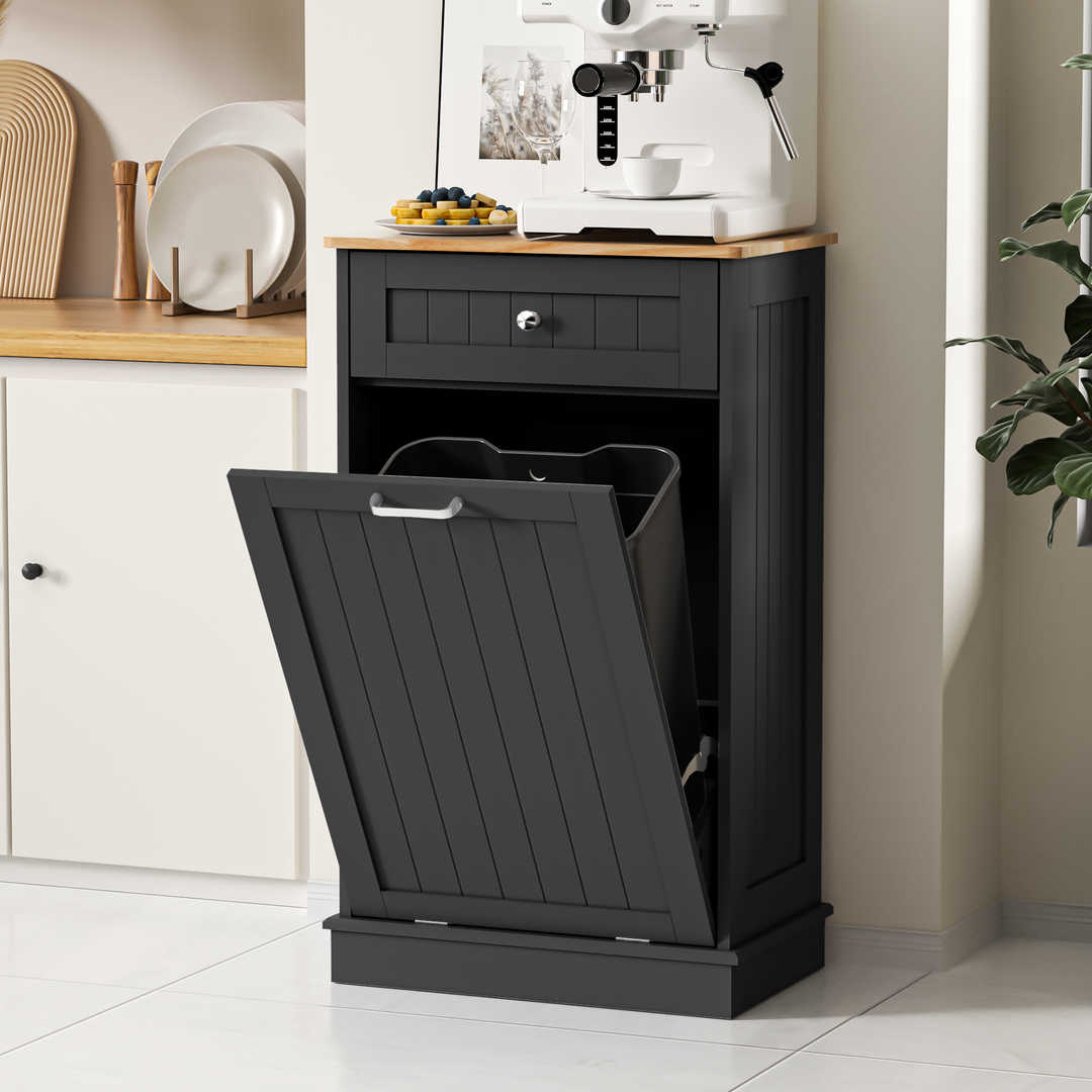 Single Tilt Out Trash Cabinet for 13 Gallon Waste Bin, Free Standing Kitchen Trash Can Cabinet with Drawers