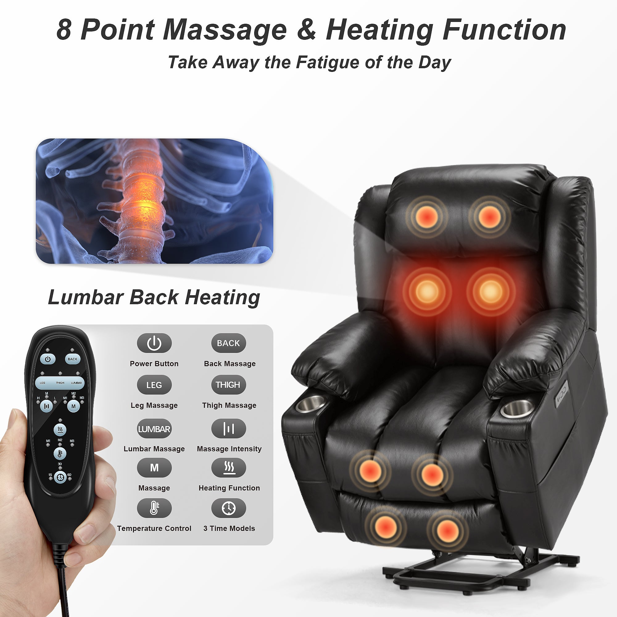 Power Lift Recliner Leather Chair Sofa with Massage & Heat, Lazy Boy Chair with Cup Holders, USB & Type-C Ports, Remote Control