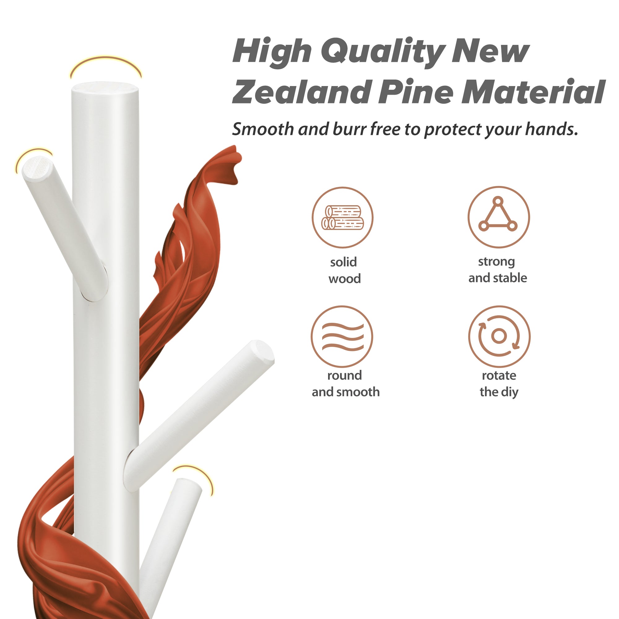 Durable Wooden Coat Rack, Freestanding Coat Rack, 8 Hooks & 3 Adjustable Heights