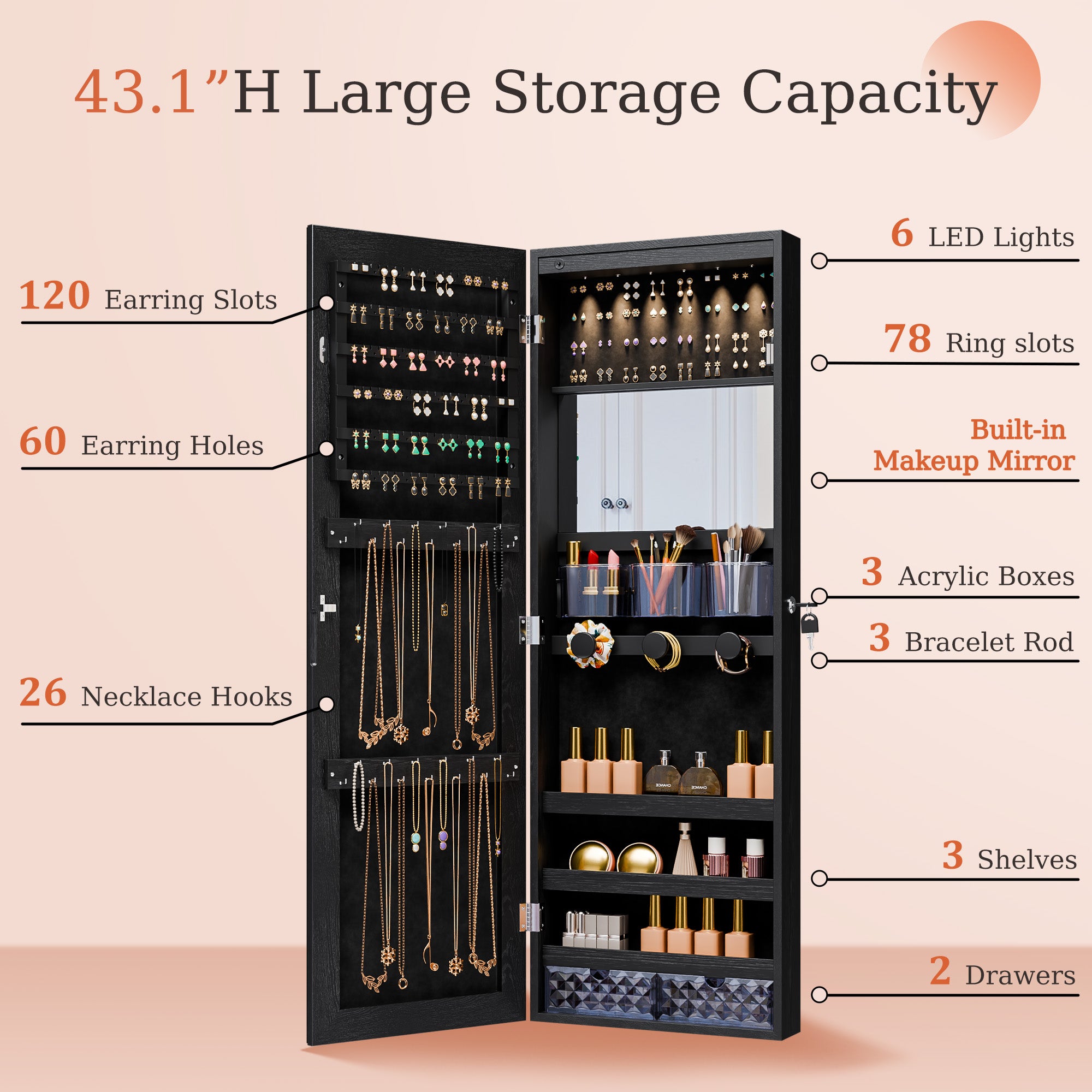 Mirror Jewelry Cabinet,Lockable Wall or Door Mounted Jewelry Armoire Organizer 14.4"x3.15"x 43.1"