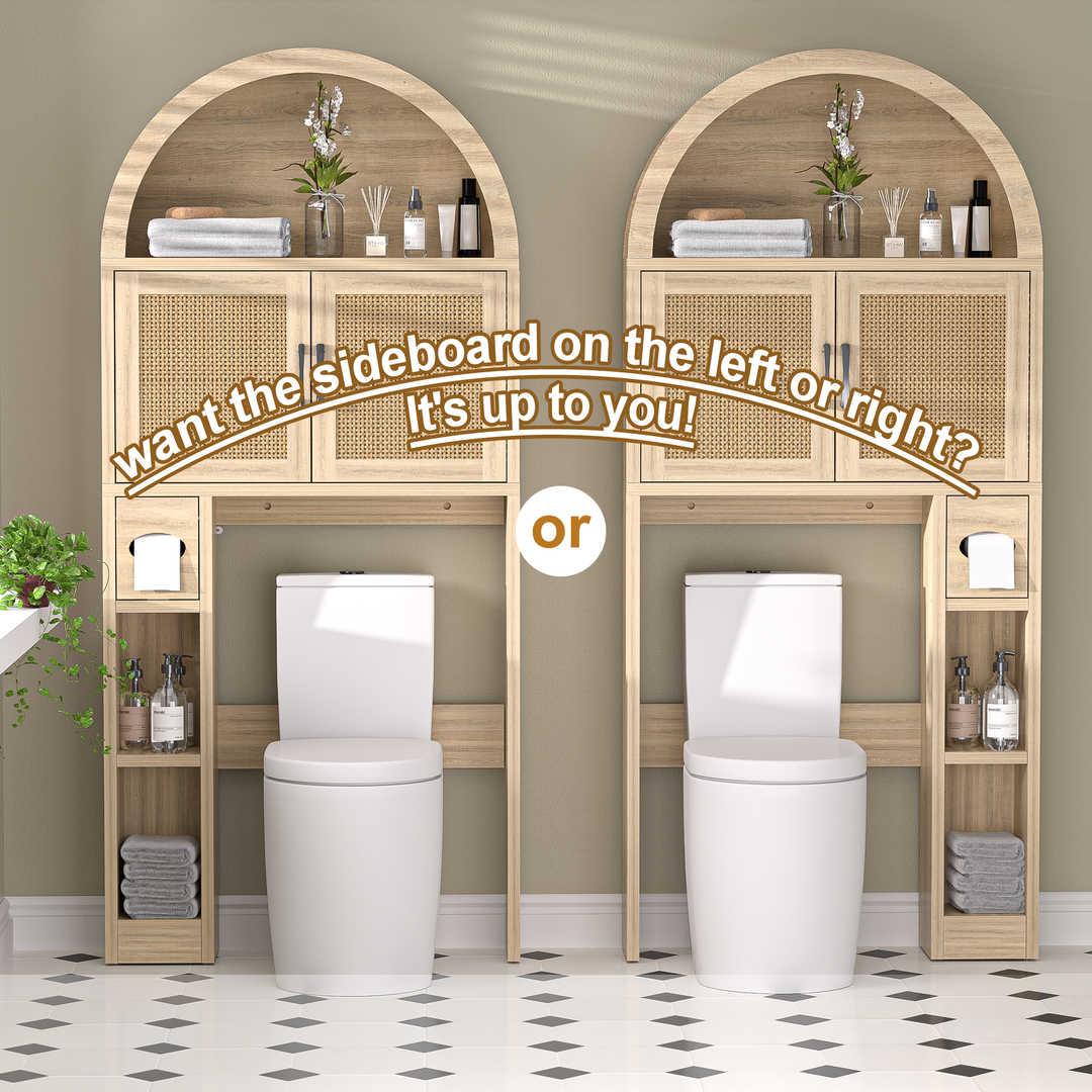 Over The Toilet Storage Cabinet with Wood Grain Doors and Arc Design