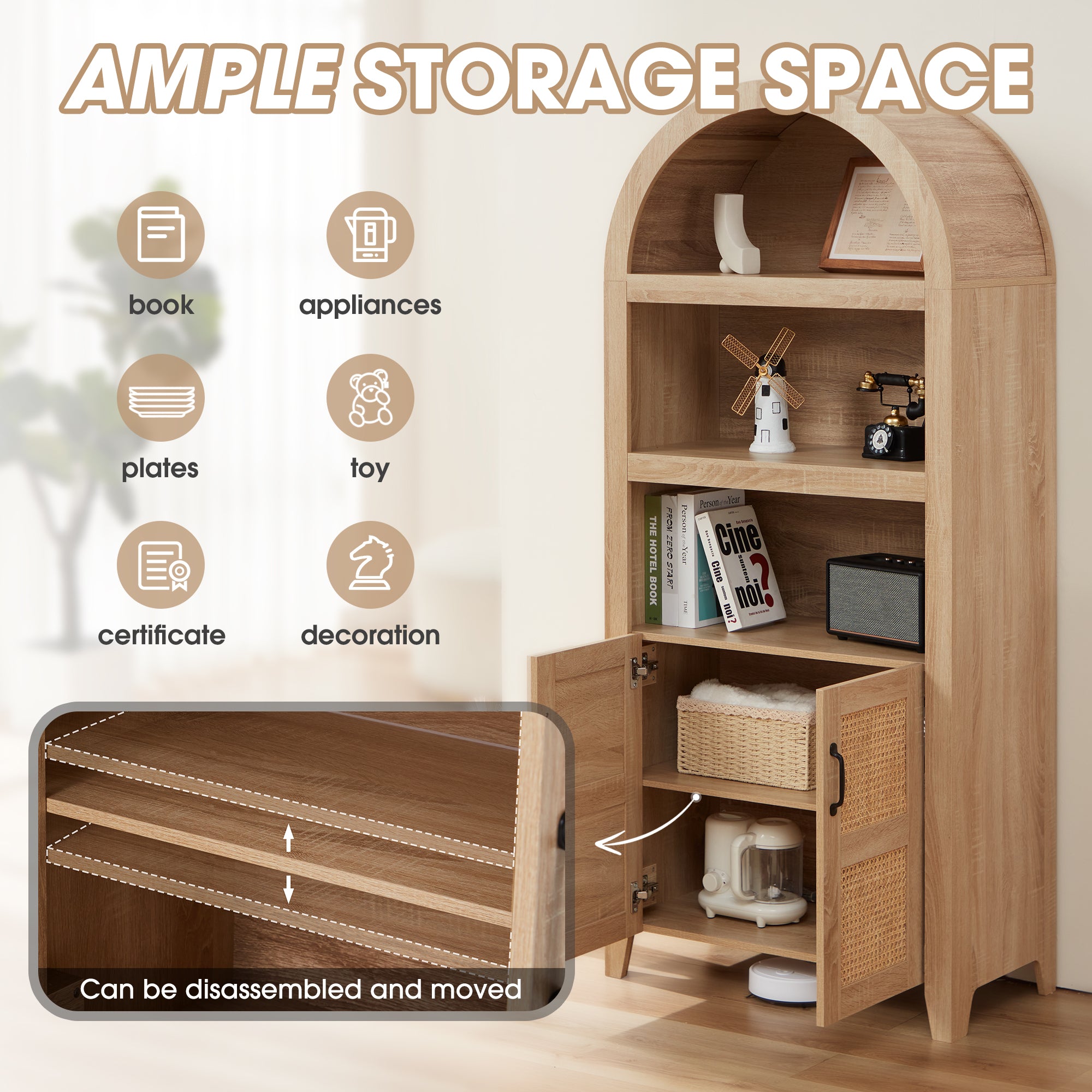 72" Arched Cabinet with Woven Rattan Door and Adjustable Shelves. A Versatile Storage Piece for Kitchen or Living Room