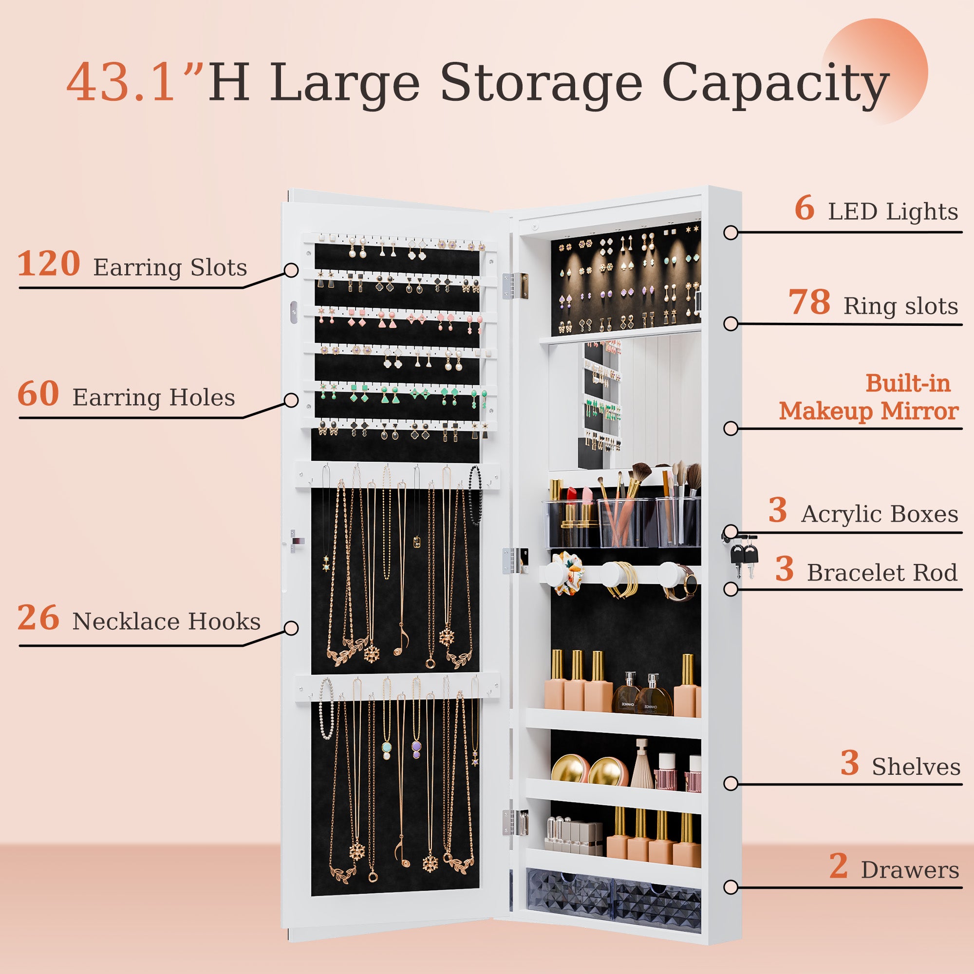 Mirror Jewelry Cabinet,Lockable Wall or Door Mounted Jewelry Armoire Organizer 14.4"x3.15"x 43.1"
