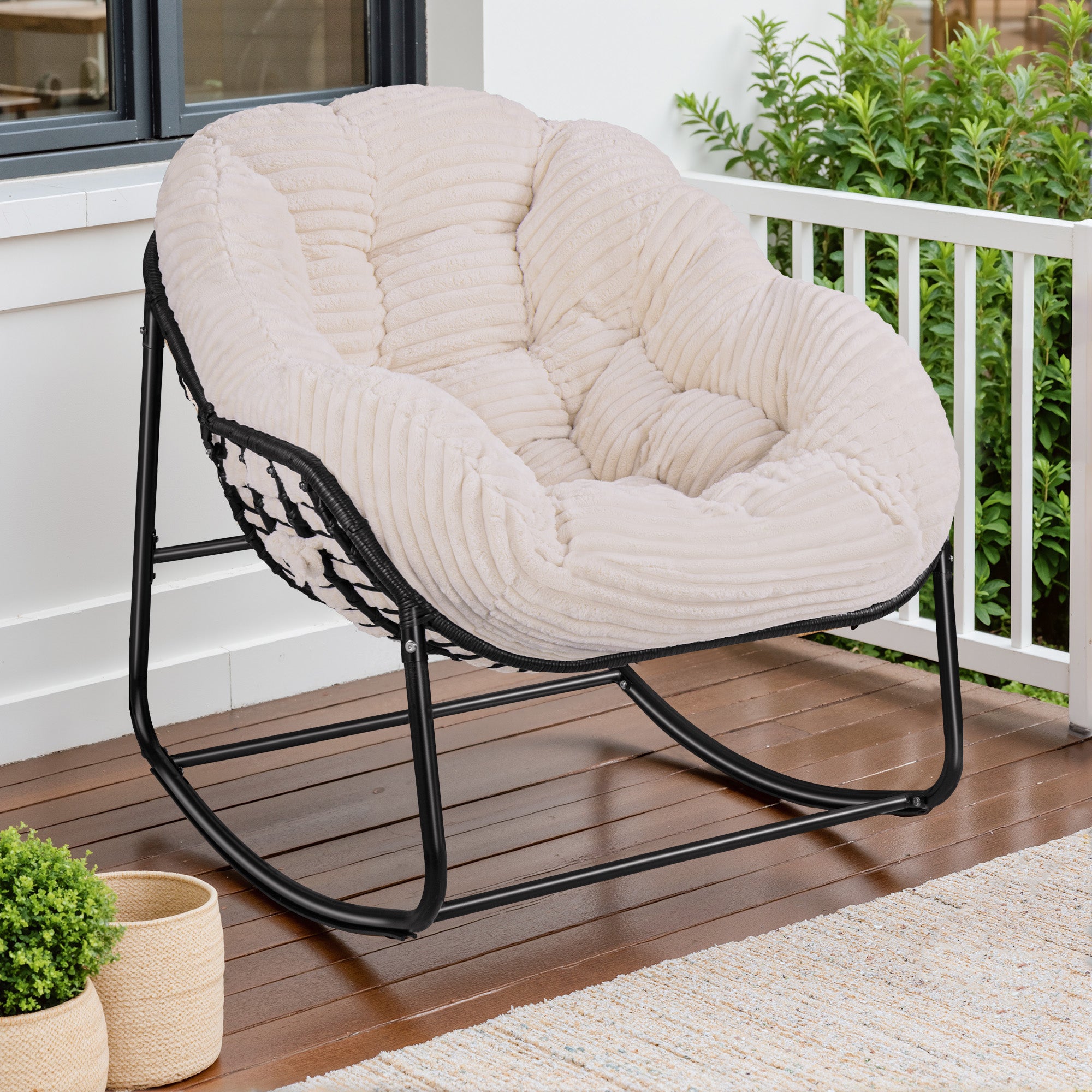 Oversized Indoor/Outdoor Egg Rocking Chair with Thick Corduroy Cushion, Straps & Modern Wicker Design