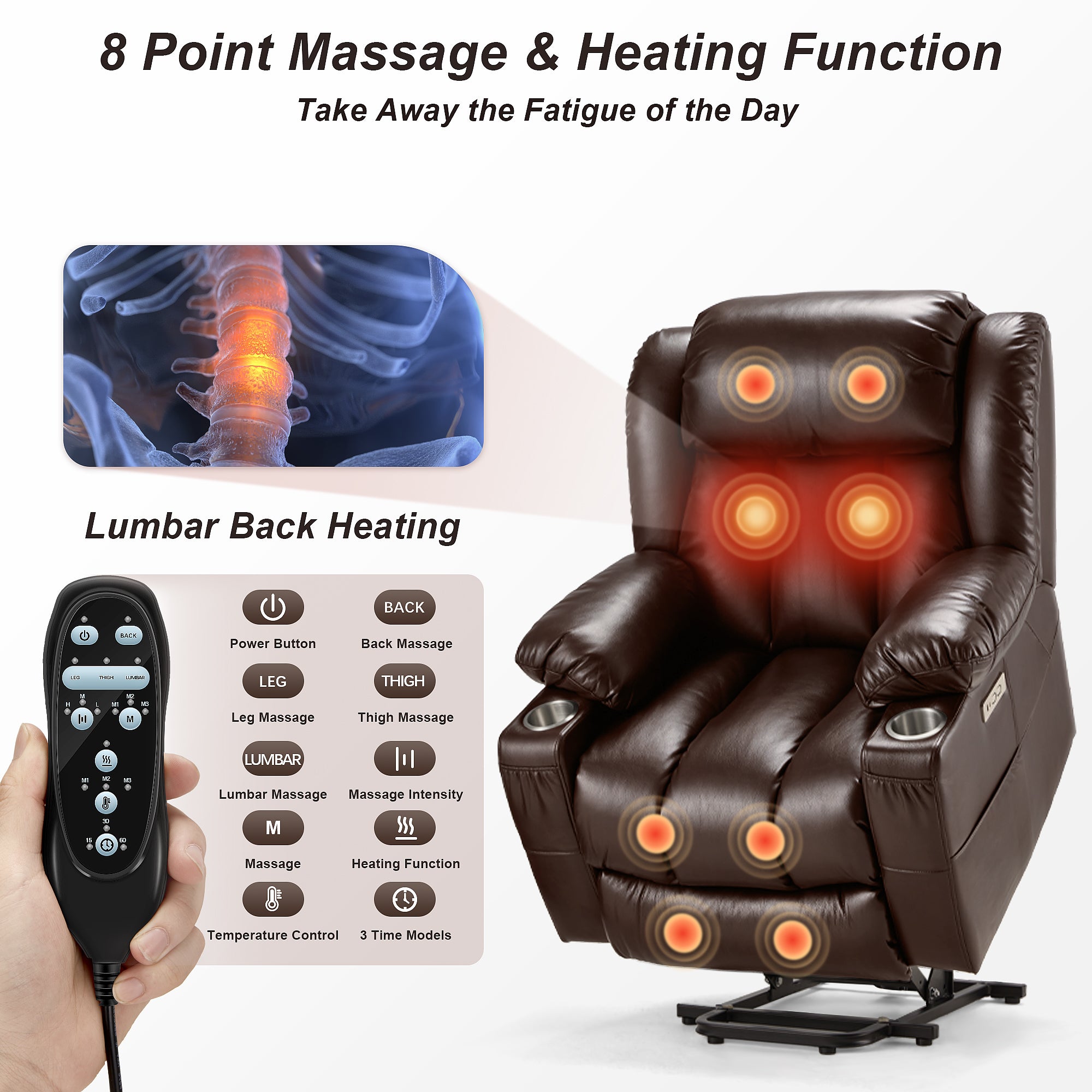 Power Lift Recliner Leather Chair Sofa with Massage & Heat, Lazy Boy Chair with Cup Holders, USB & Type-C Ports, Remote Control