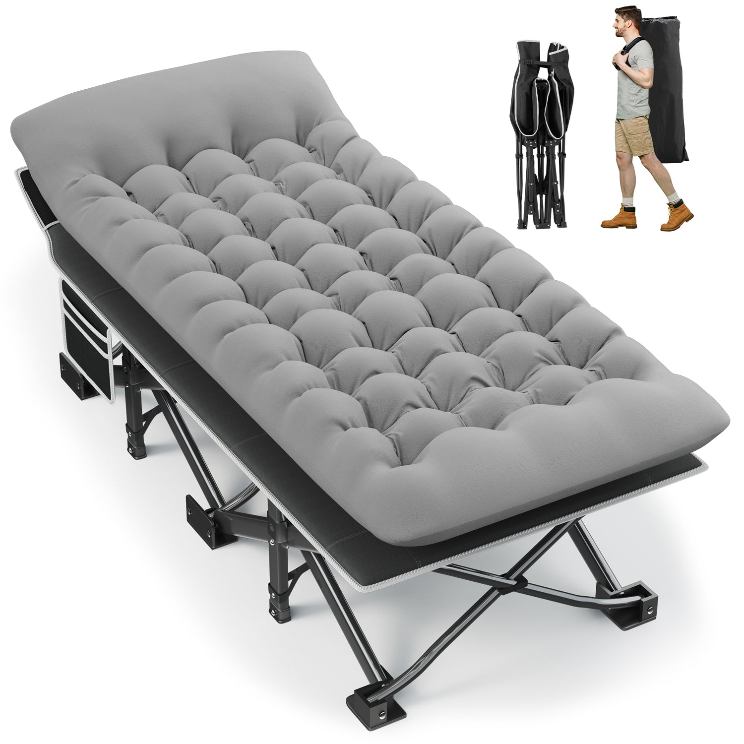 Portable Camping Cot with Thick Mattress, Carry Bag, Side Pocket, Grey