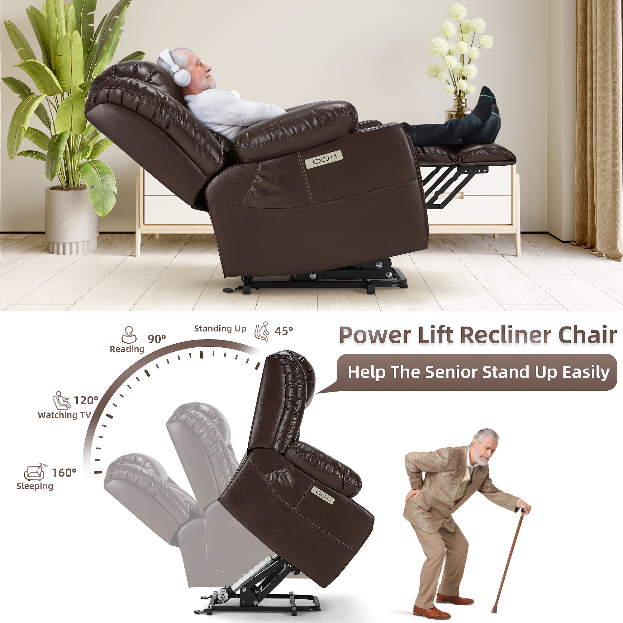Power Lift Recliner Leather Chair Sofa with Massage & Heat, Lazy Boy Chair with Cup Holders, USB & Type-C Ports, Remote Control