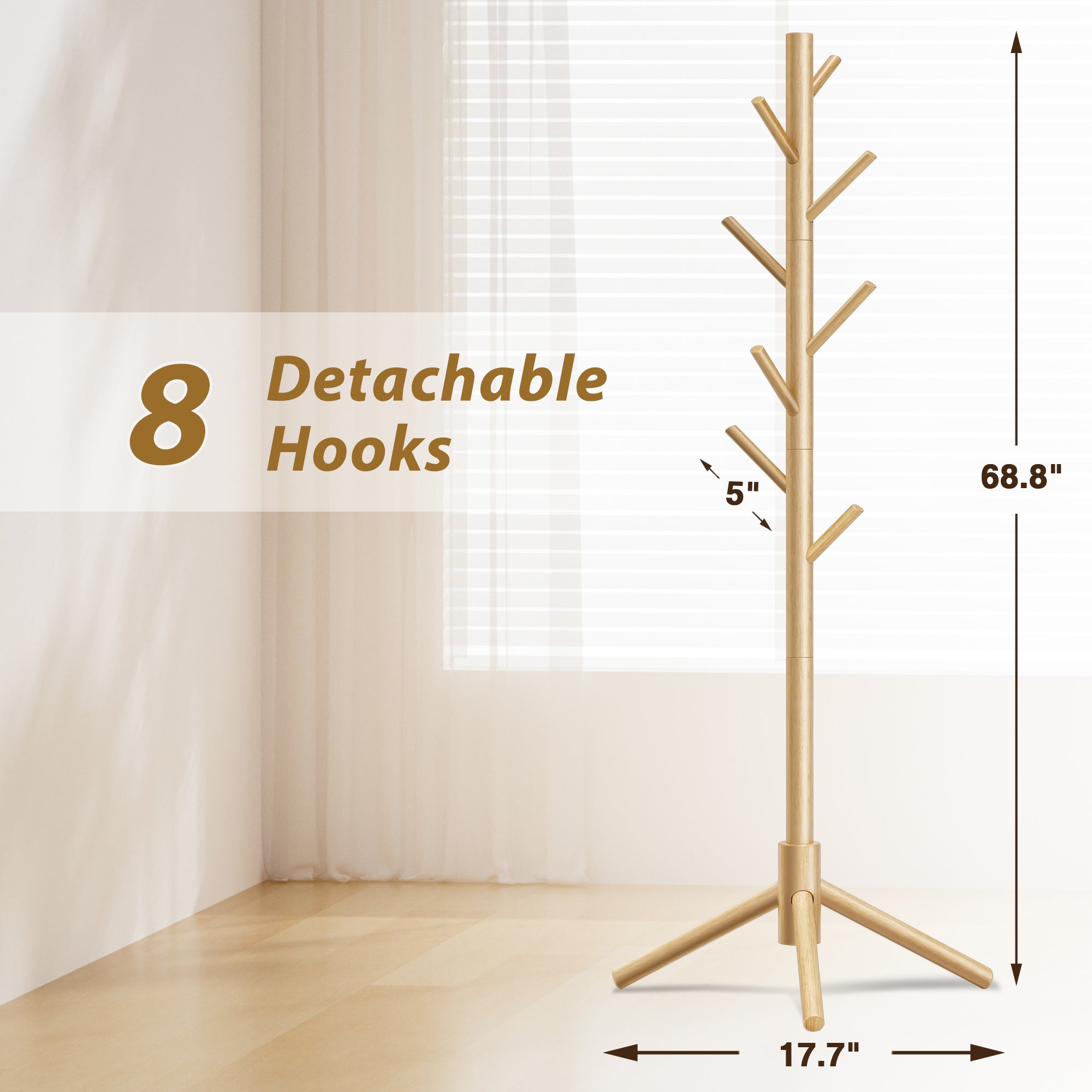 Durable Wooden Coat Rack, Freestanding Coat Rack, 8 Hooks & 3 Adjustable Heights